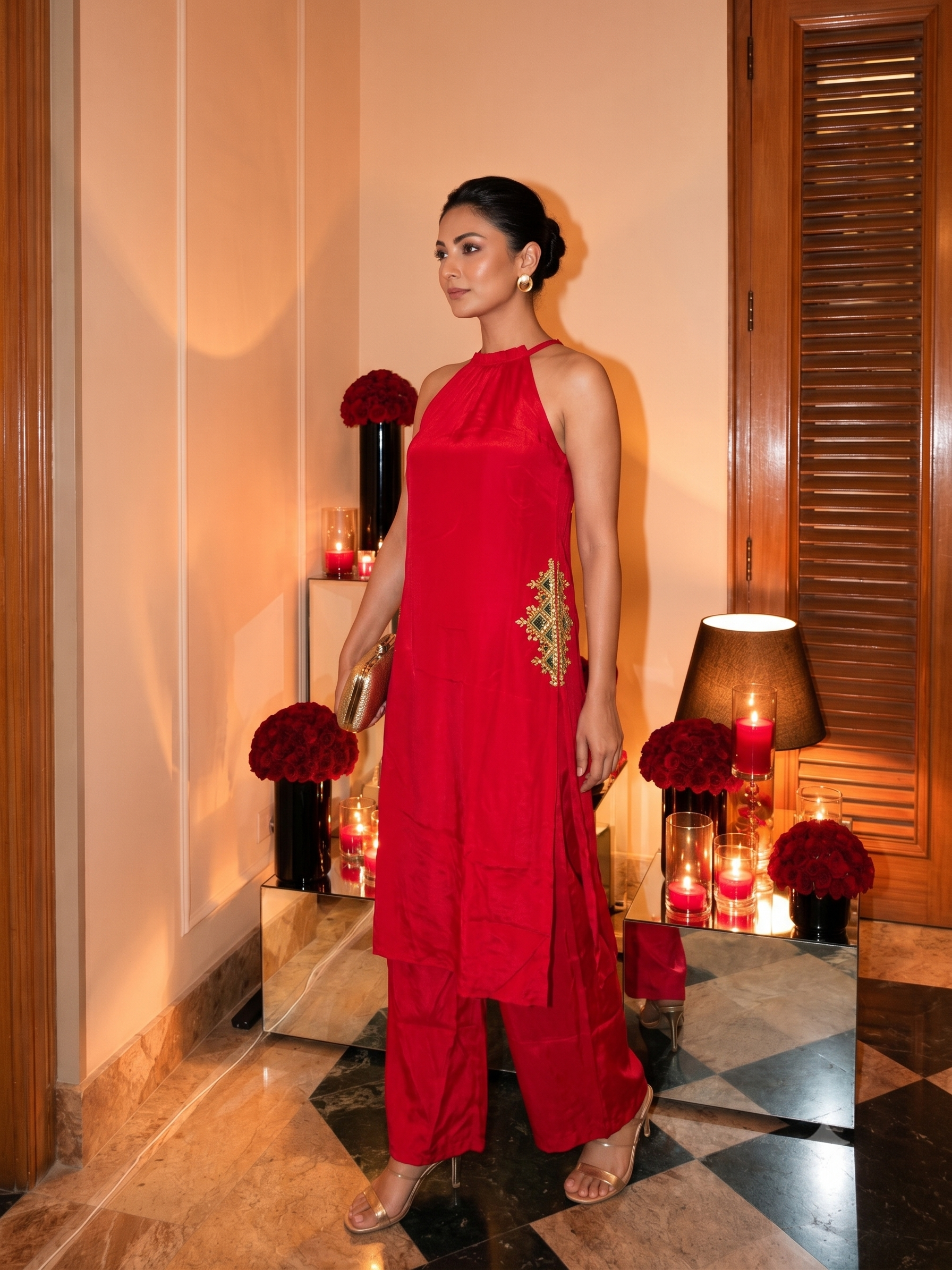 Red Scarlet Embellished Crepe Silk Palazzo Set