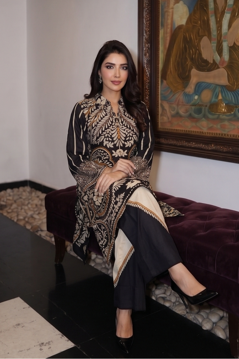 Black & Ivory Printed Crepe Silk Co-Ord Set