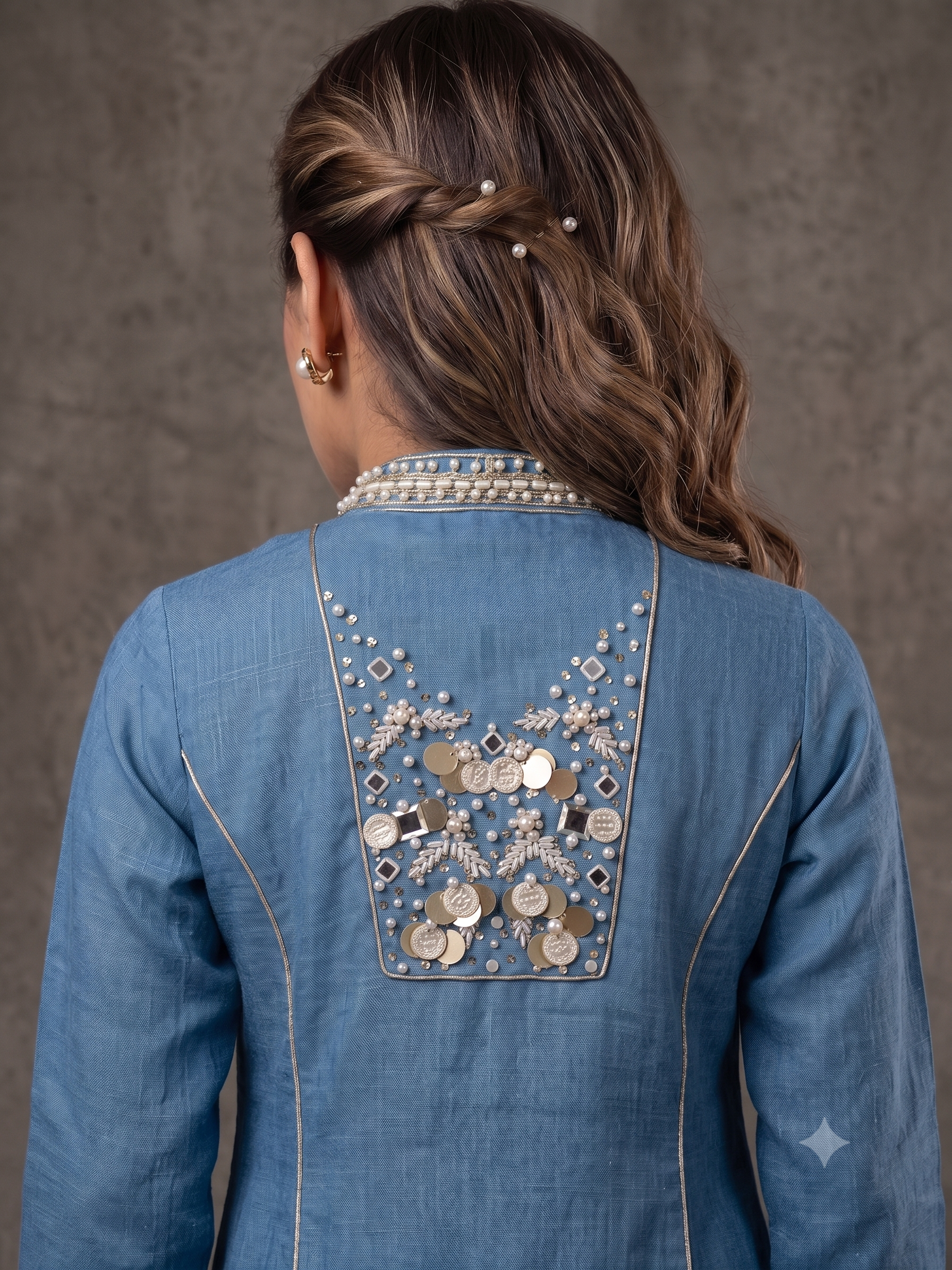 Denim Pearl Embellished Cotton Linen Pant Set