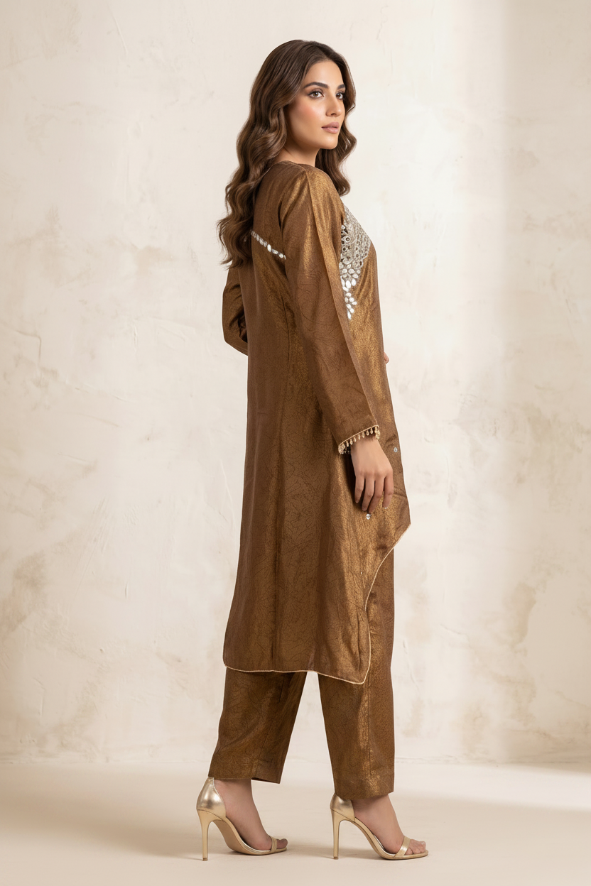 Golden Brown Embellished Chanderi Silk Kurta Set
