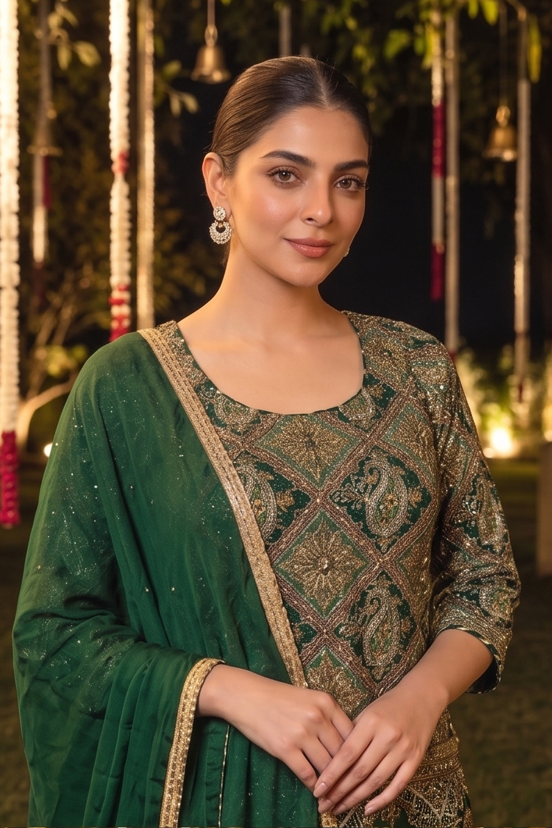 Emerald Green Embellished Crepe Silk Sharara Set