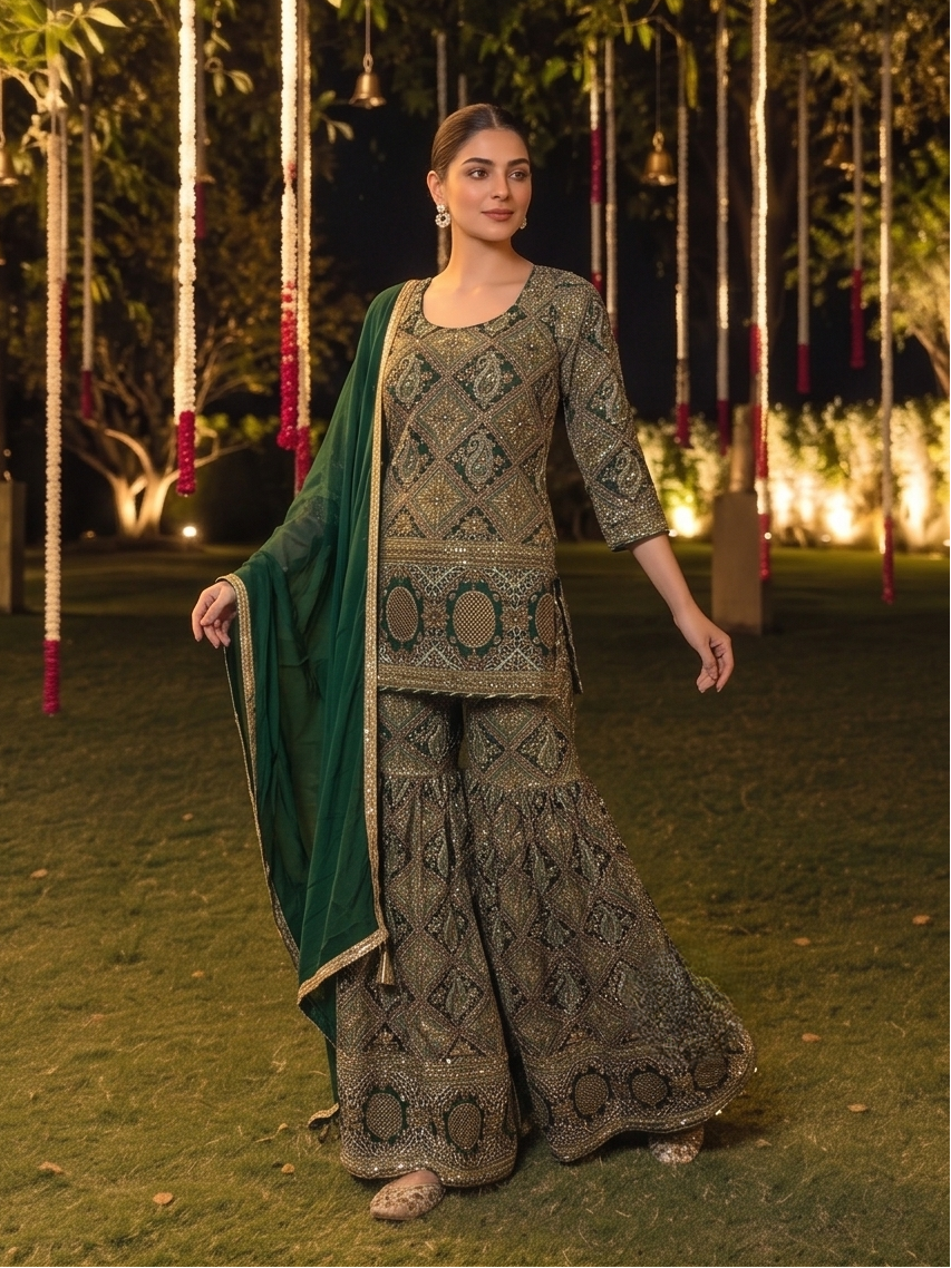 Emerald Green Embellished Crepe Silk Sharara Set