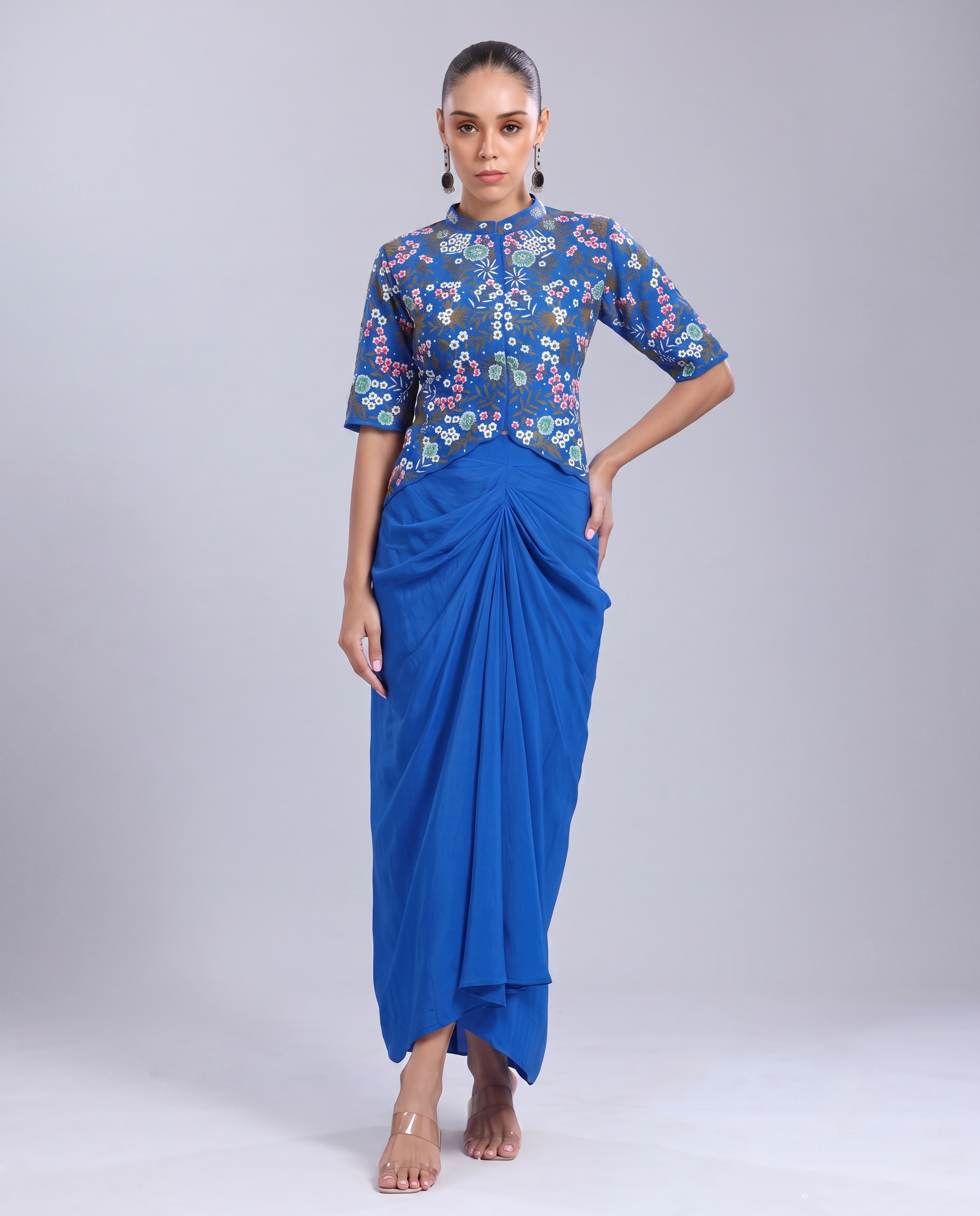Blue Floral Embellished Crepe Silk Skirt Set