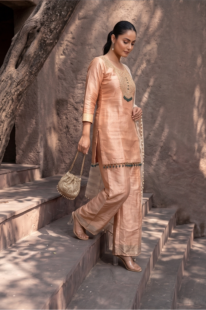 Soft Peach Embellished Brocade Silk Palazzo Set