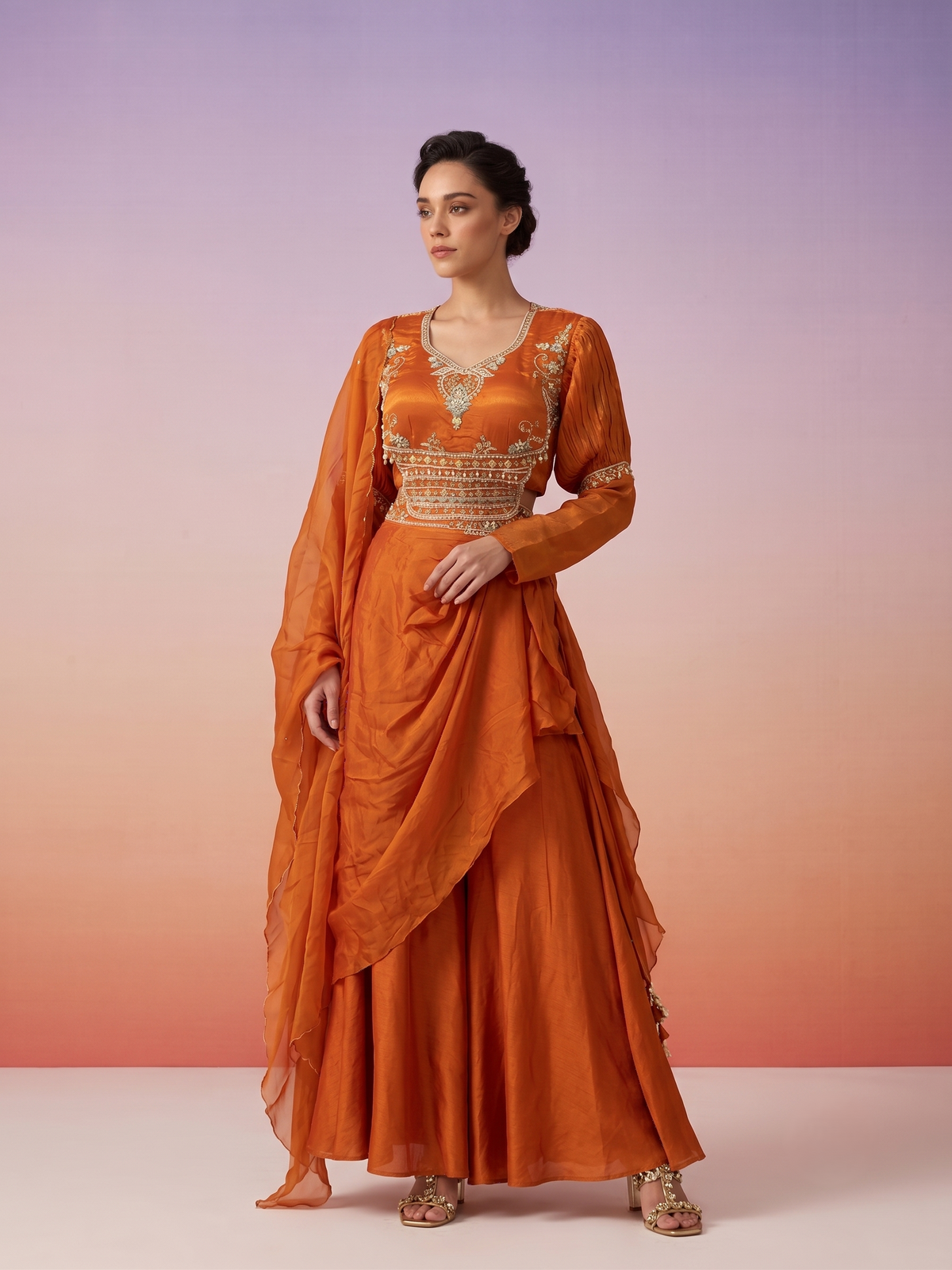 Burnt Orange Embellished Crepe Silk Skirt Set