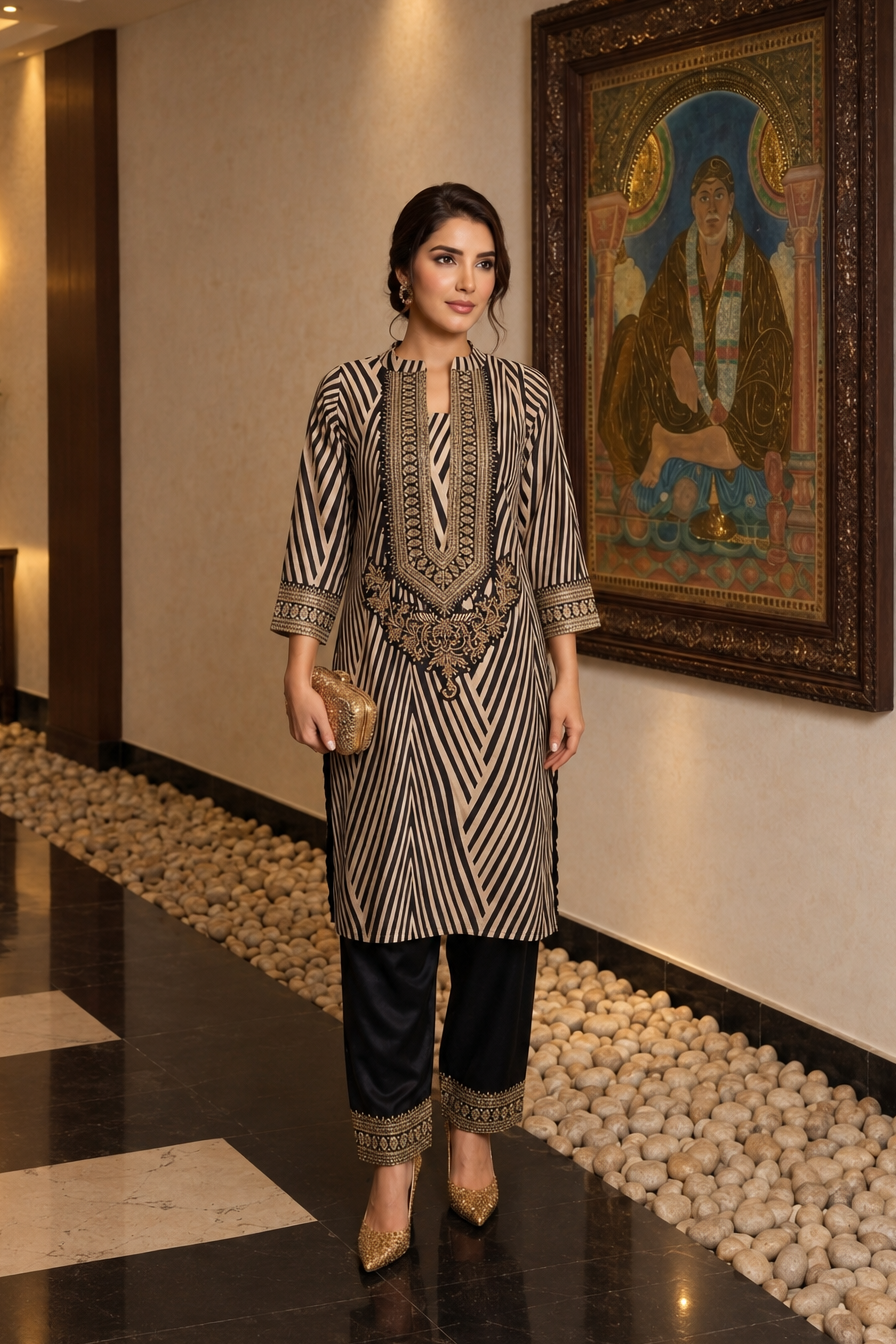 Black and Cream Printed Crepe Silk Salwar Set