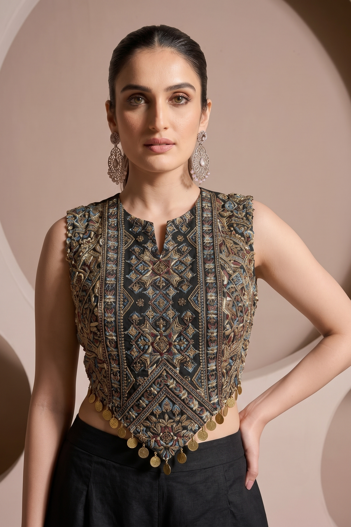 Carbon Black Embellished Crepe Silk Palazzo Set