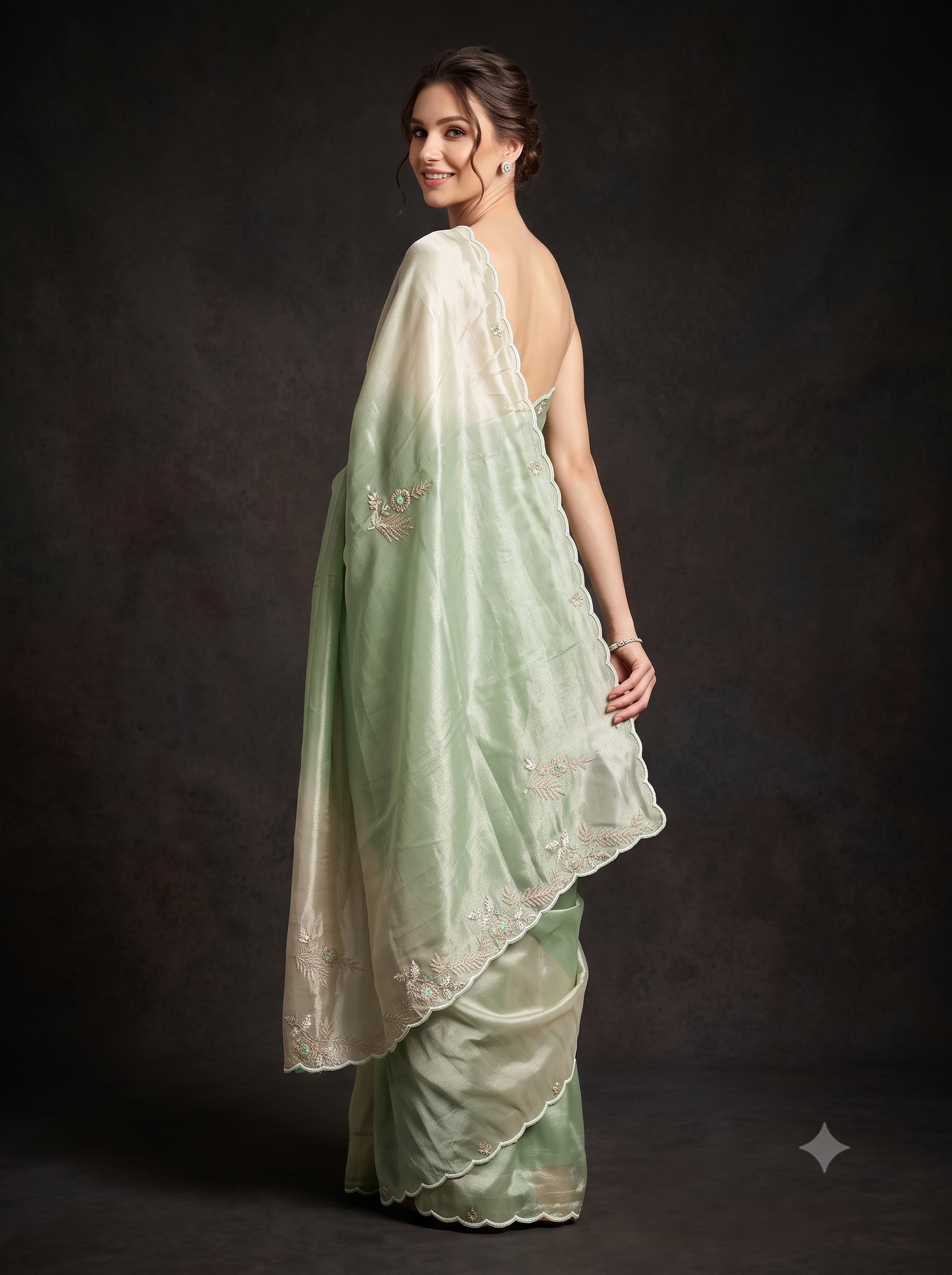 Pastel Green Embellished Tissue Silk Saree