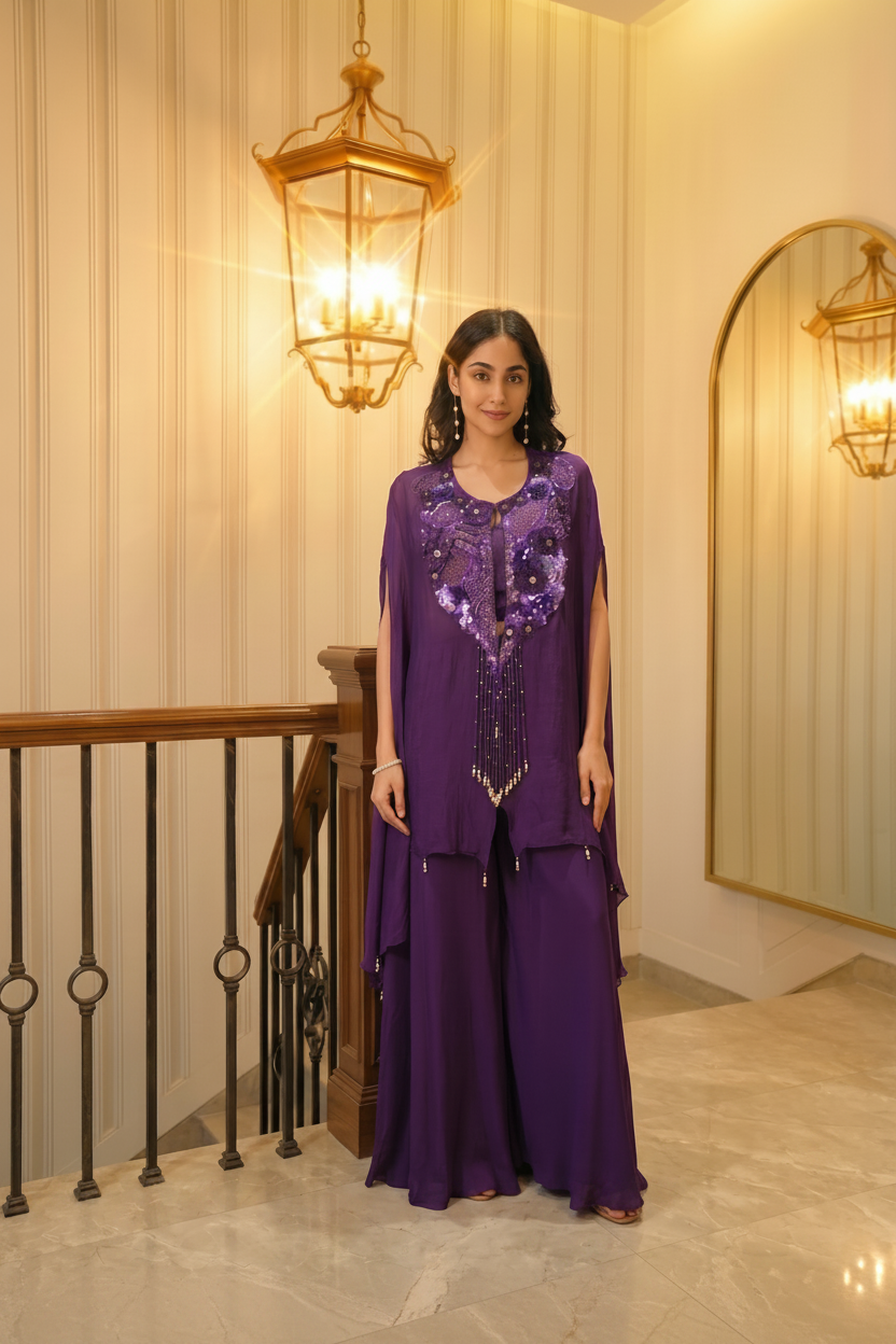 Royal Purple Embellished Chinon Silk Palazzo Set