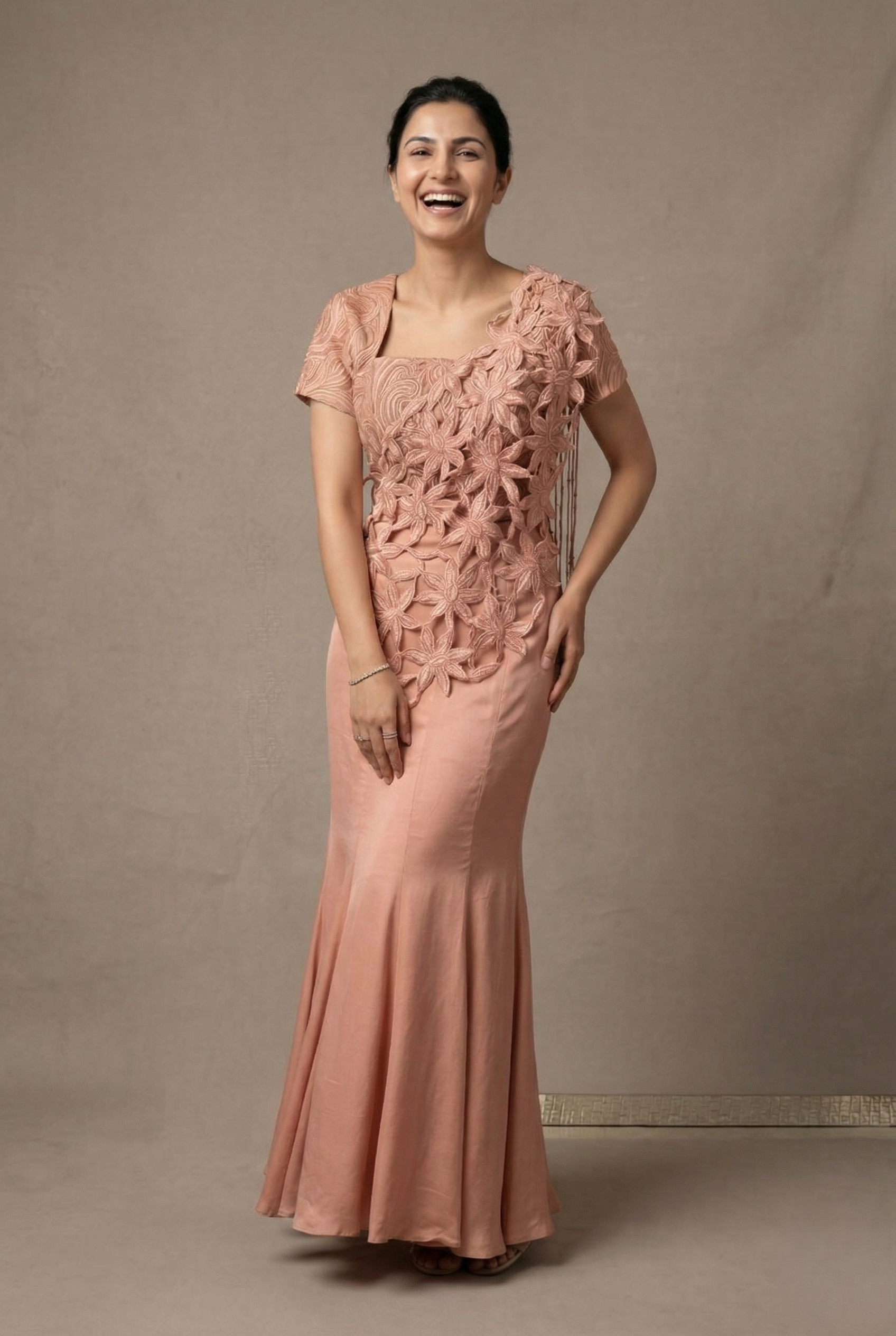 Blush Peach Floral Appliqué Dola Silk Skirt Set