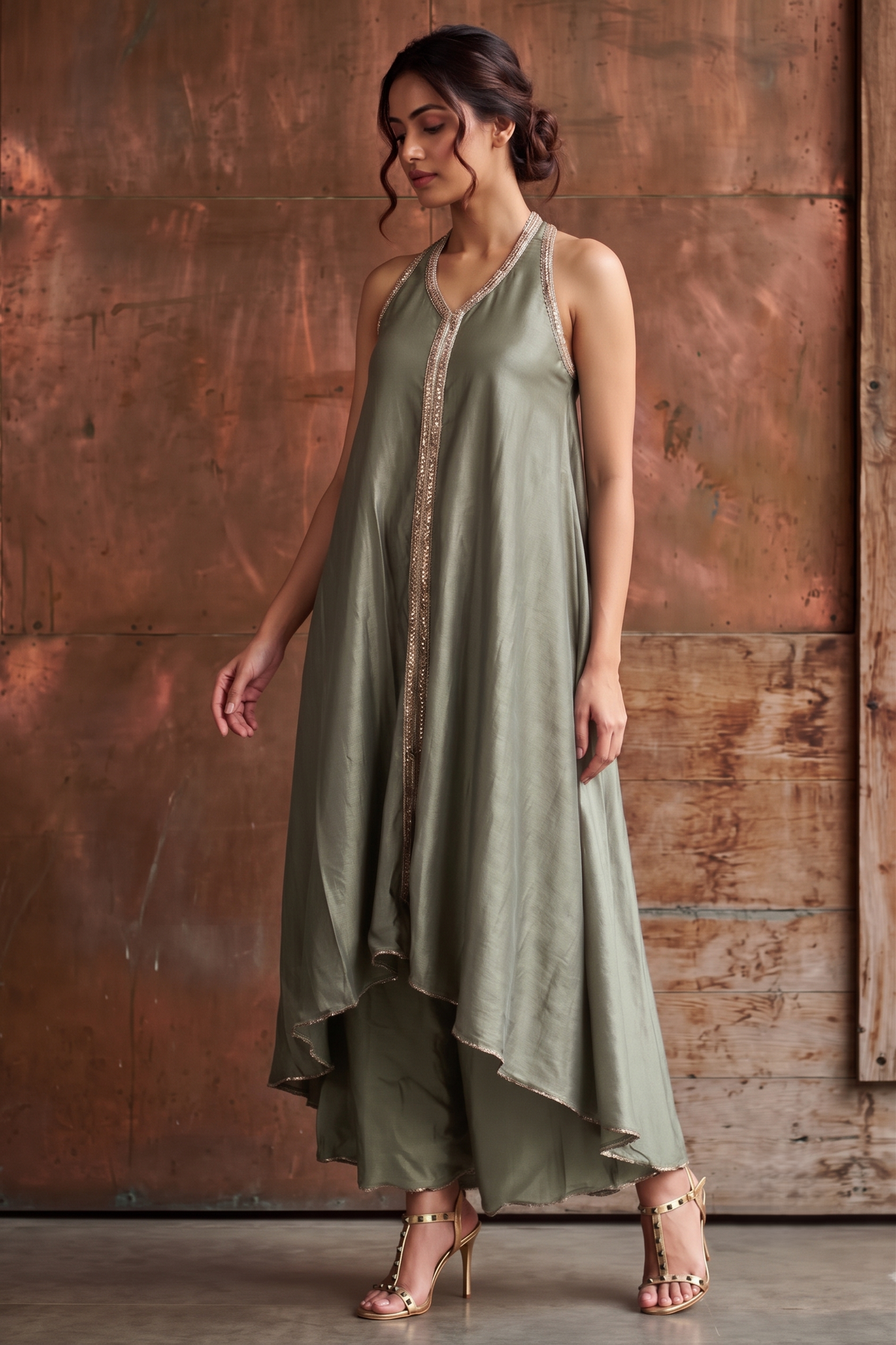 Olive Grey Embellished Shimmer Silk Co-ord Set