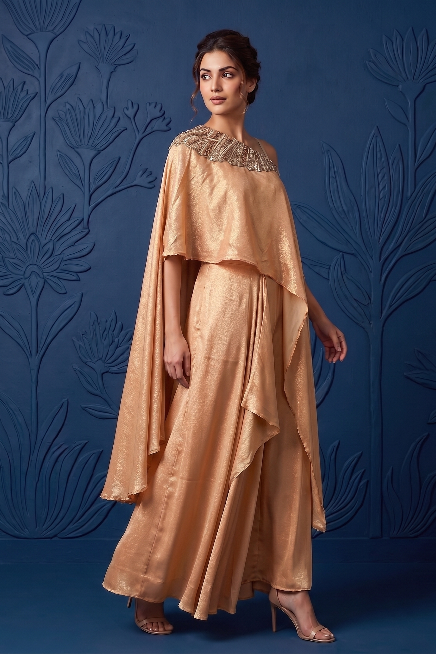 Rose Gold Embellished Georgette Silk Skirt Set