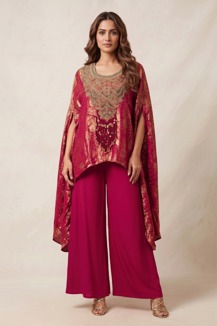 Raspberry Pink Embellished Banarasi Brocade Silk Kaftan Set