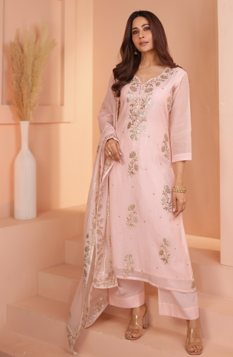 Soft Rose Embroidered Mul-Chanderi Silk Pant Set
