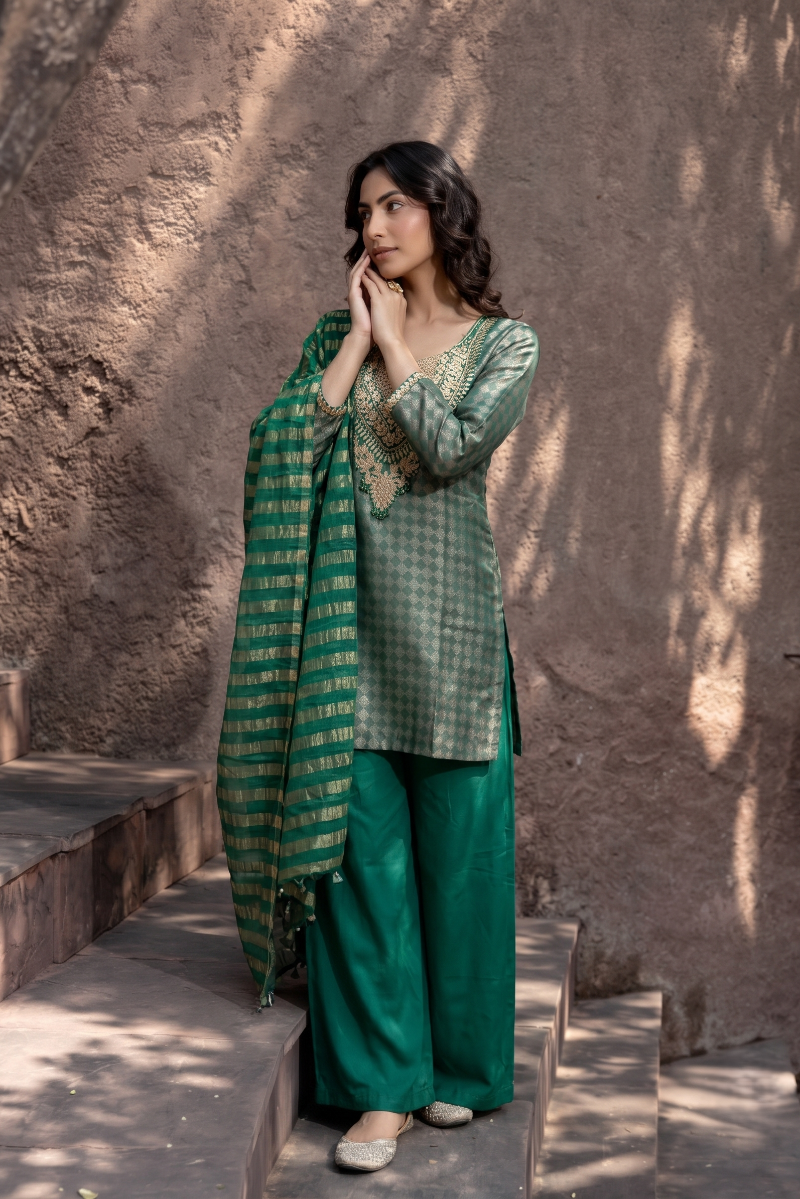 Emerald Green Embellished Shimmer Tissue Silk Palazzo Set