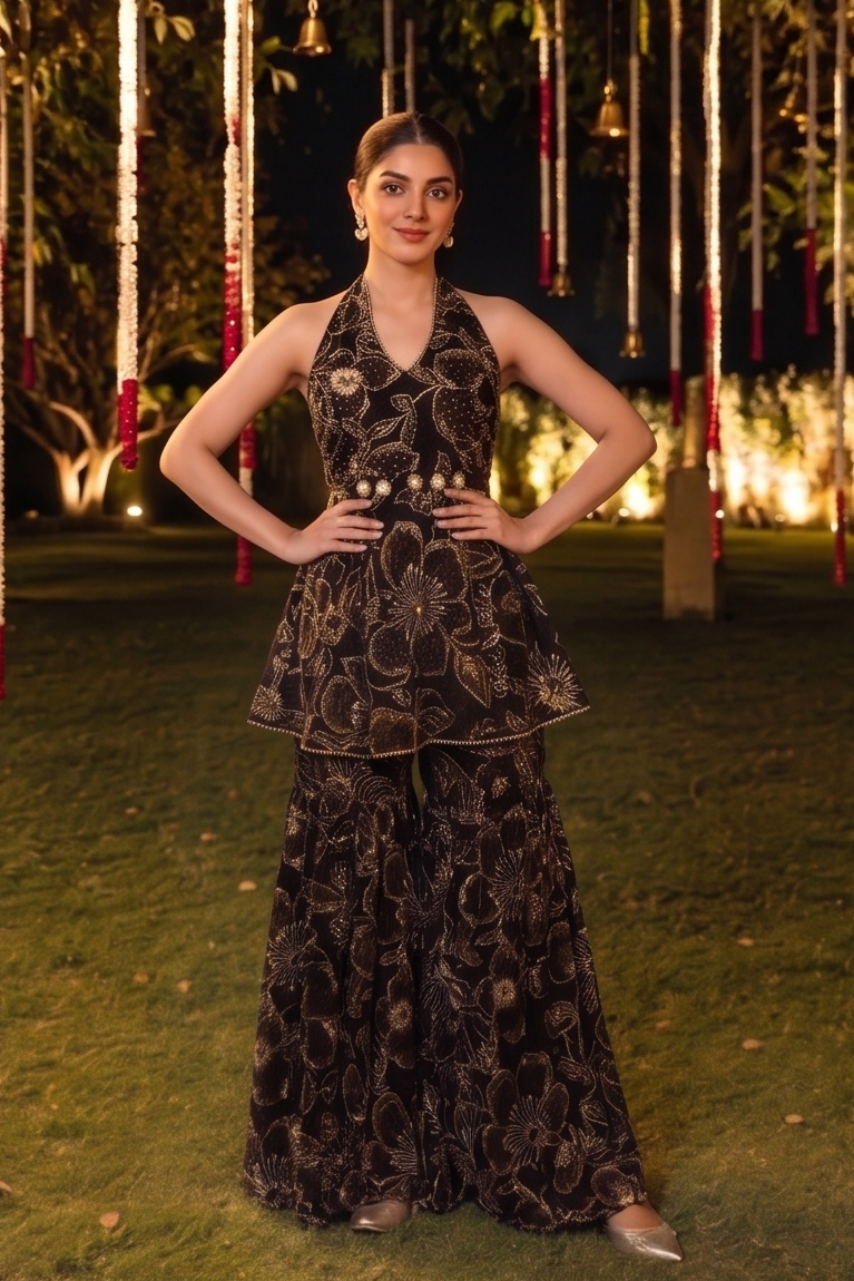 Jet Black Embellished Georgette Silk Sharara Set