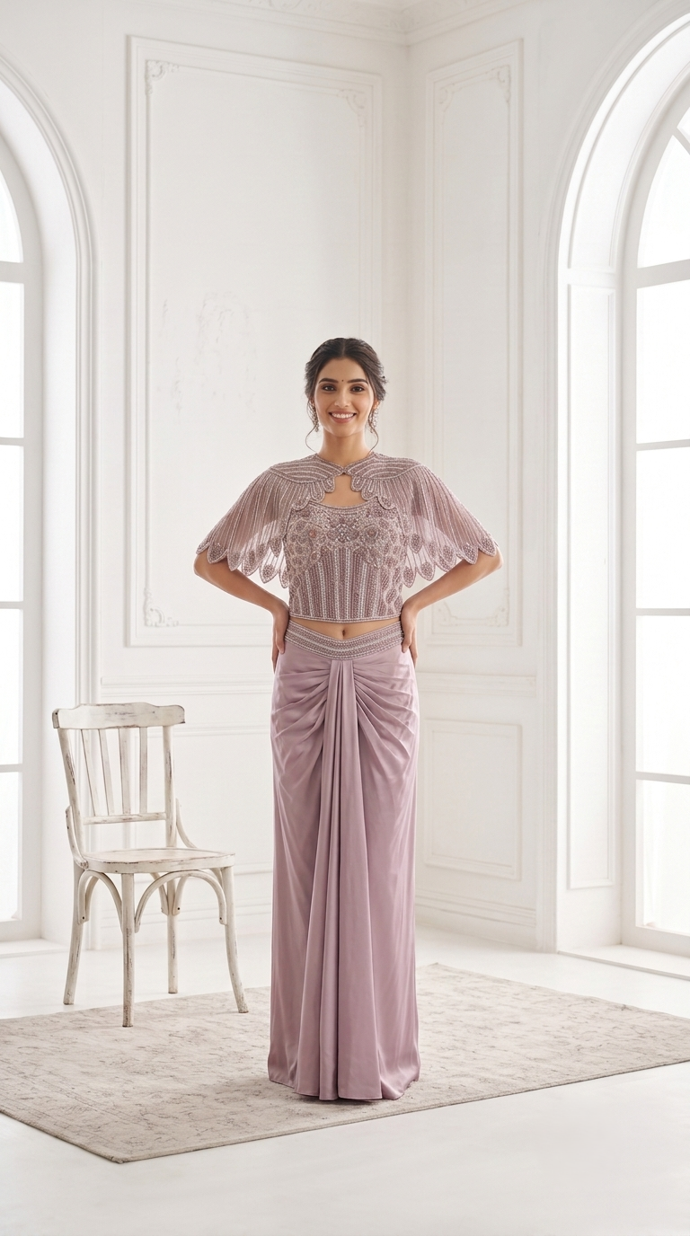 Dusty Lilac Embellished Satin Silk Skirt Set