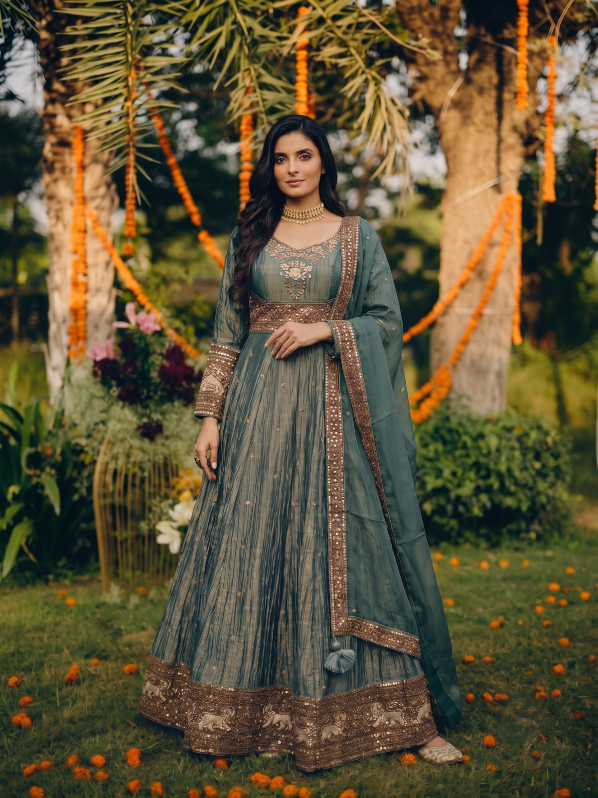 Steel Blue-Sage Copper Embellished Tissue Silk Anarkali Set