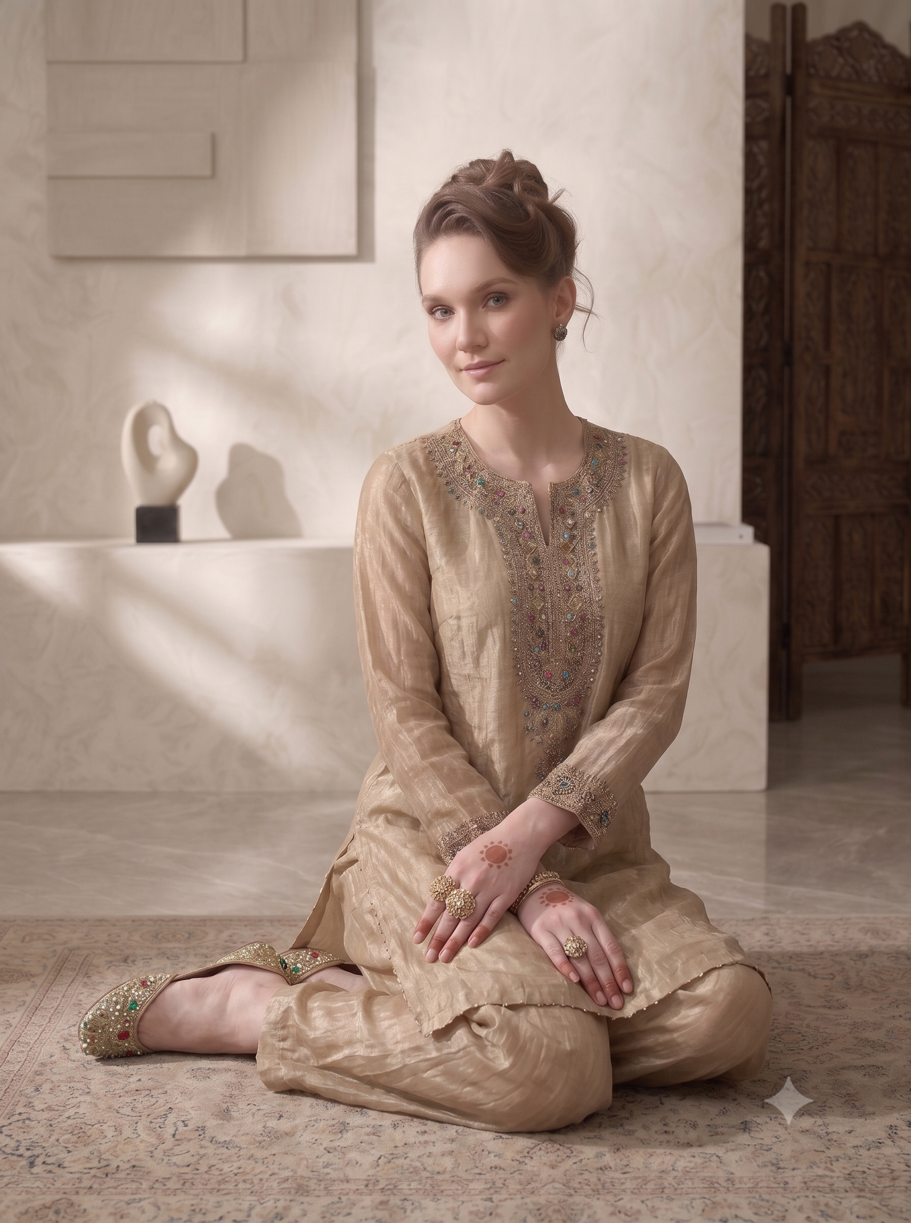 Sand Beige Embellished Shimmer Tissue Kurta Set