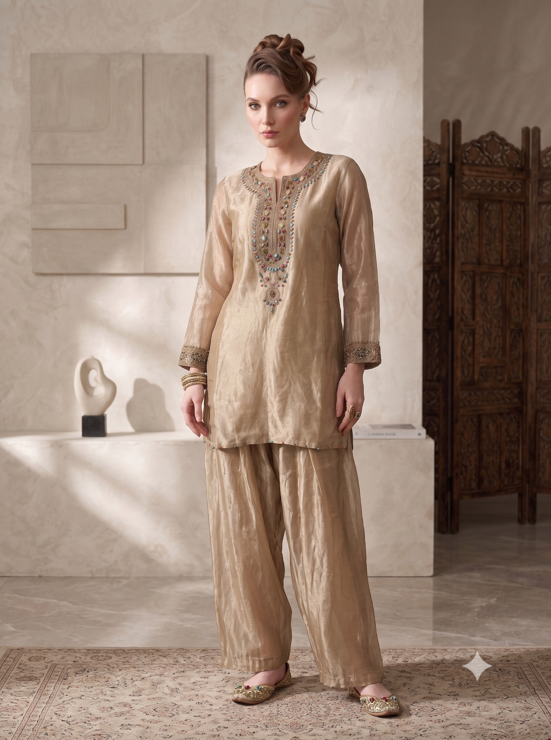 Sand Beige Embellished Shimmer Tissue Kurta Set