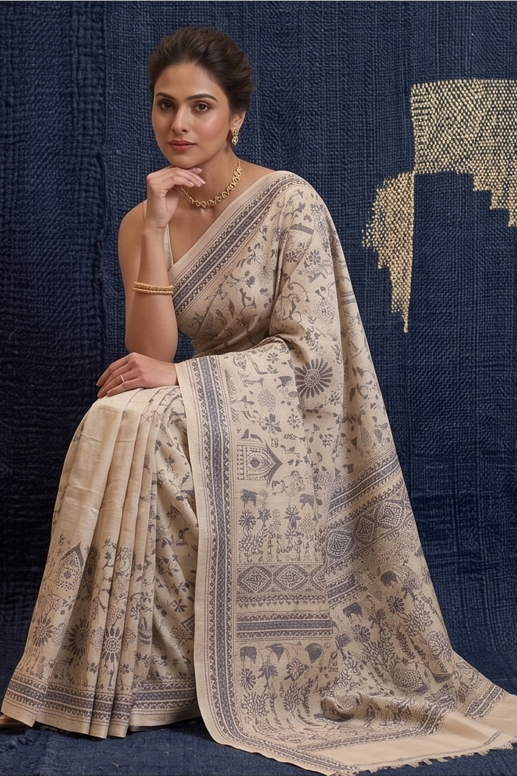 Ivory Kalamkari Embroidered Pure Tussar Silk Saree