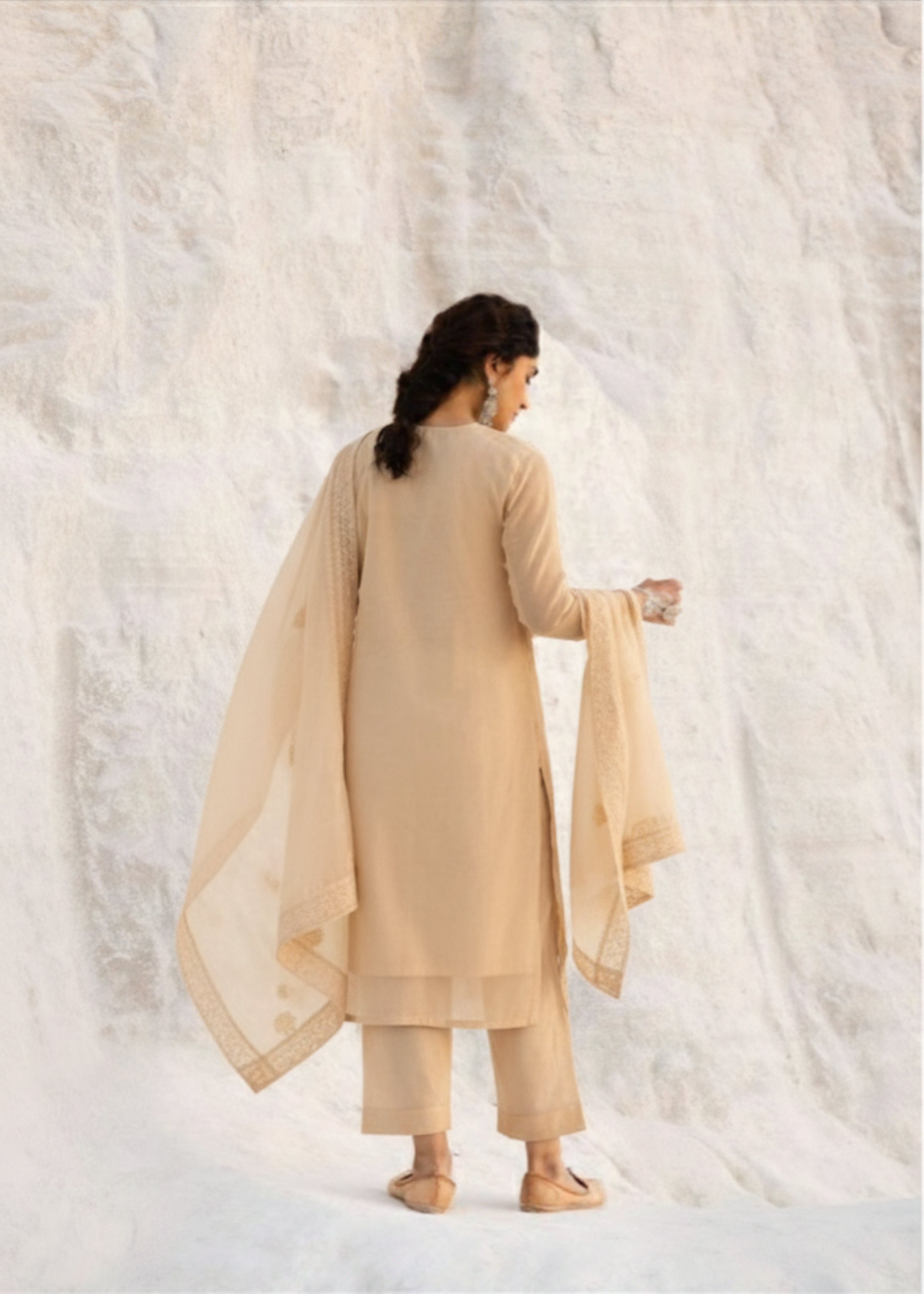 Bright Beige Chikankari Mul-Chanderi Silk Pant Set