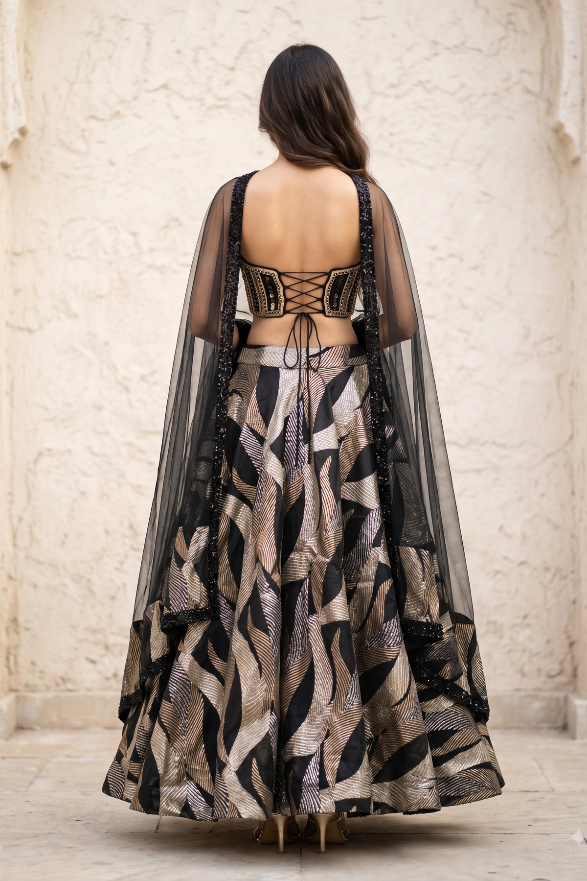 Black & Champagne Gold Embellished Organza Silk Skirt Set