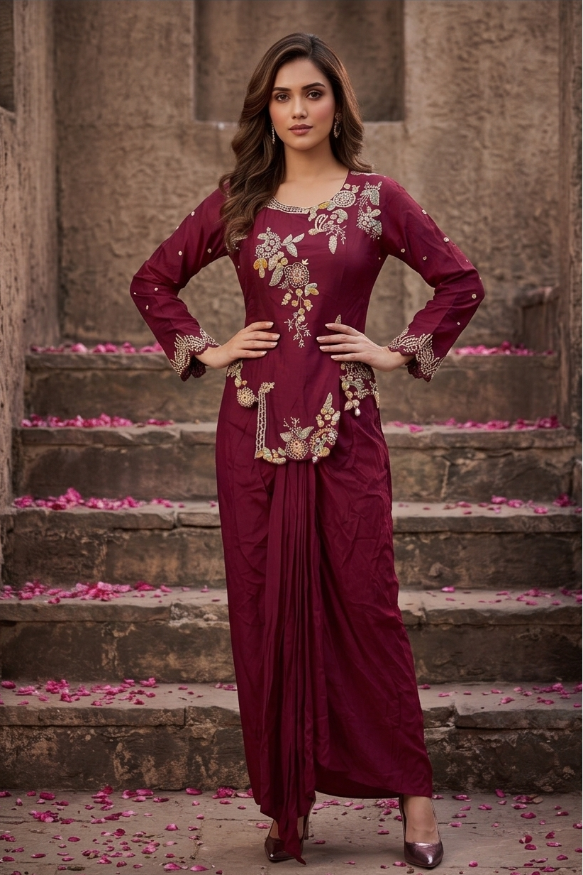 Cherry Charm Embellished Crepe Silk Skirt Set