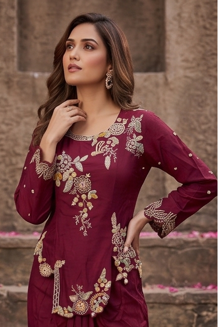 Cherry Charm Embellished Crepe Silk Skirt Set