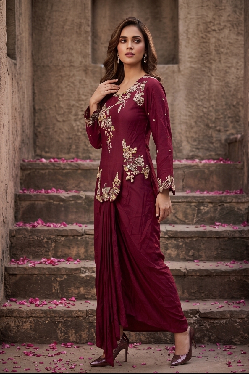 Cherry Charm Embellished Crepe Silk Skirt Set