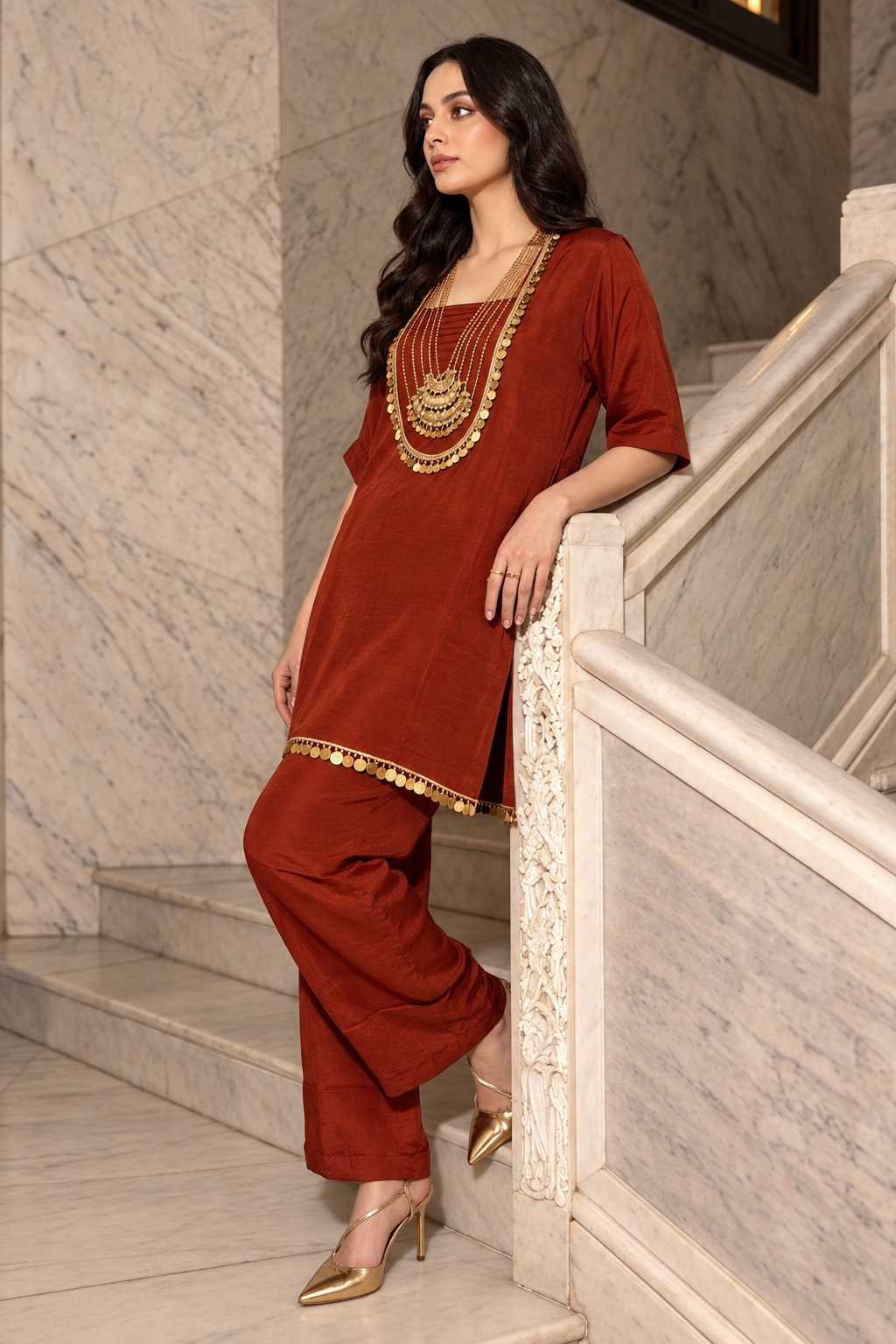 Deep Rust Orange Embellished Crepe Silk Palazzo Set
