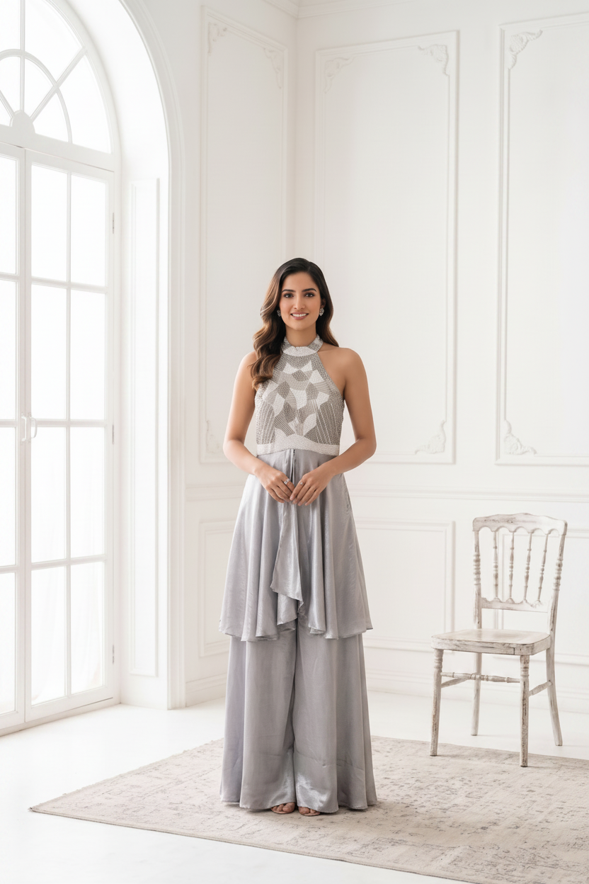 Metallic Silver Grey Embellished Satin Silk Palazzo Set