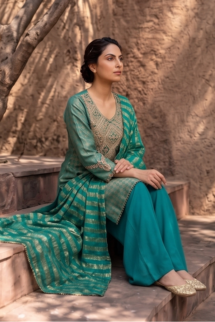 Emerald Green Embellished Tissue Silk Palazzo Set