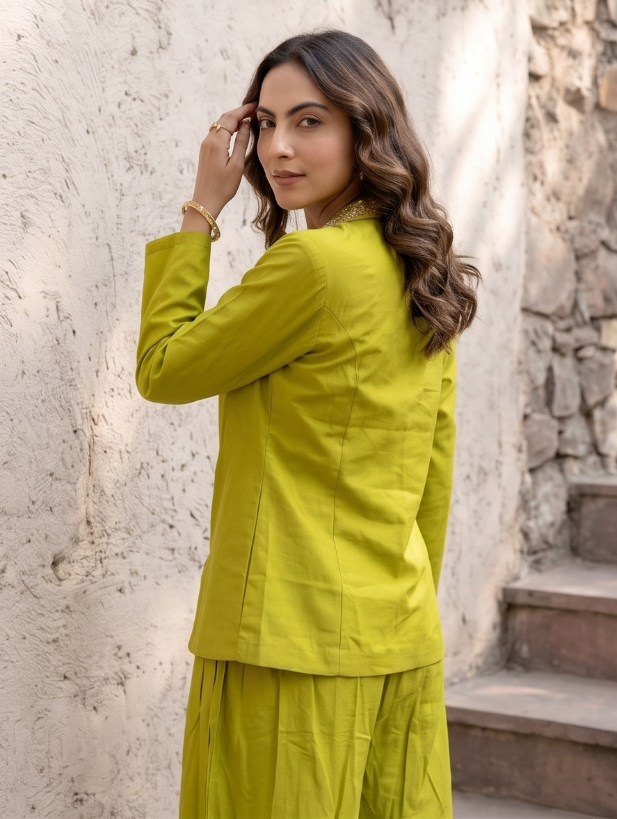 Pear Green Embellished Dola Silk Palazzo Set