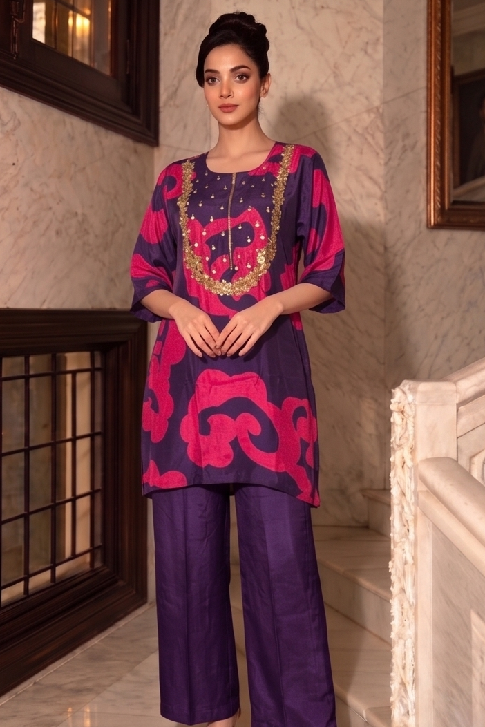 Regal Purple Embellished  Crepe Silk Co-Ord Set