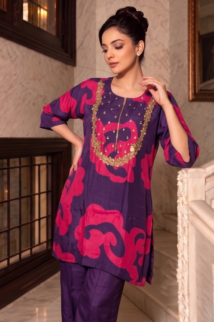 Regal Purple Embellished  Crepe Silk Co-Ord Set