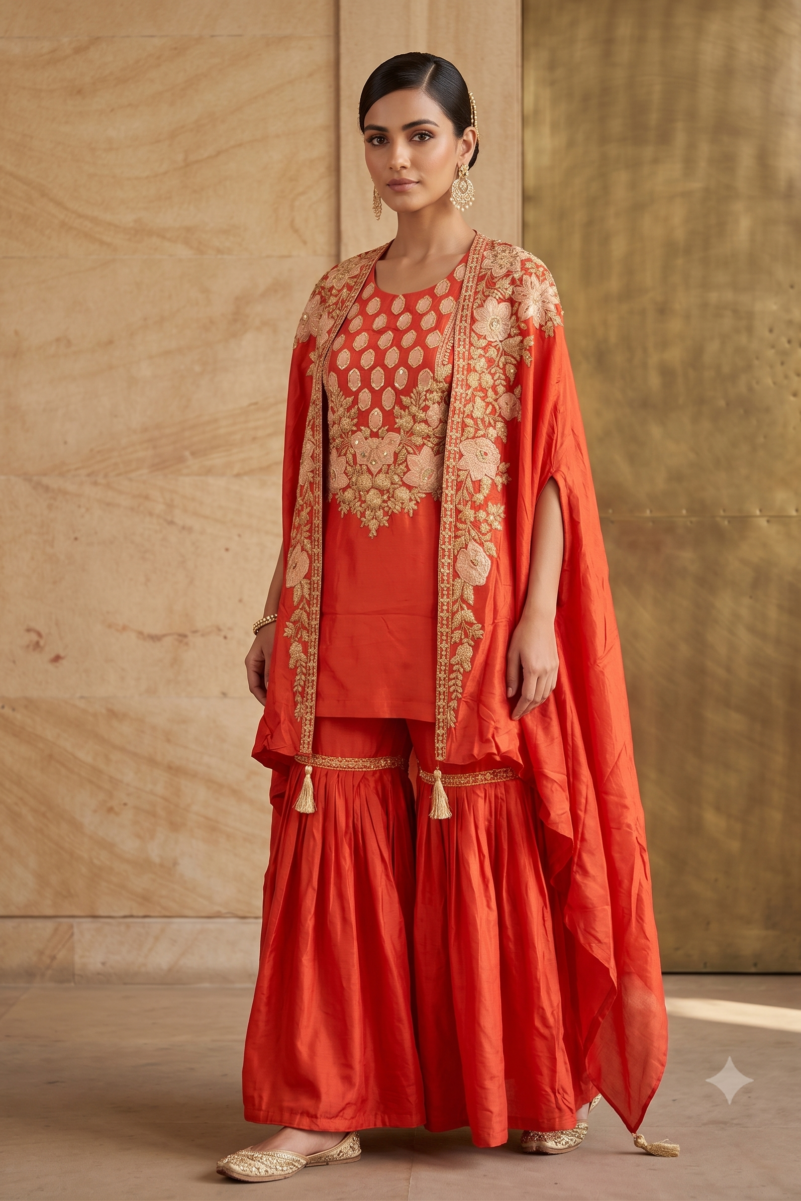 Bright Orange Embellished Raw Silk Cape Set