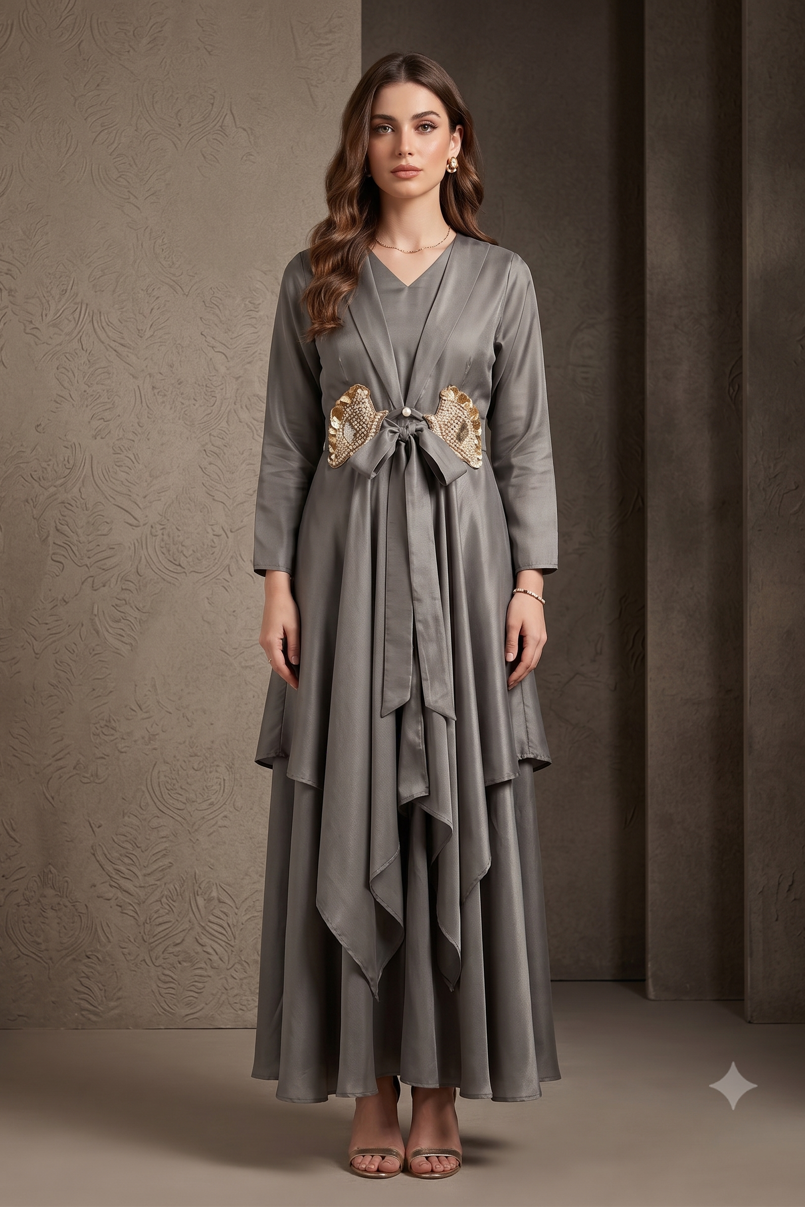 Charcoal Grey Embellished Crepe Silk Palazzo Set