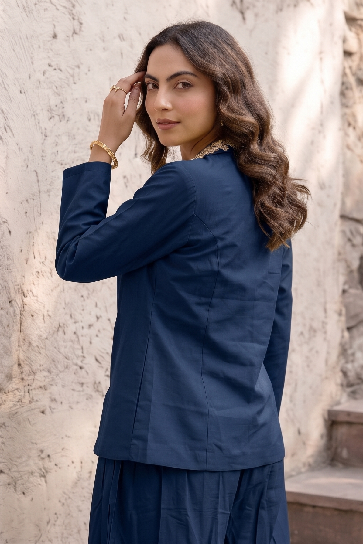 Navy Blue Embellished Dola Silk Palazzo Set
