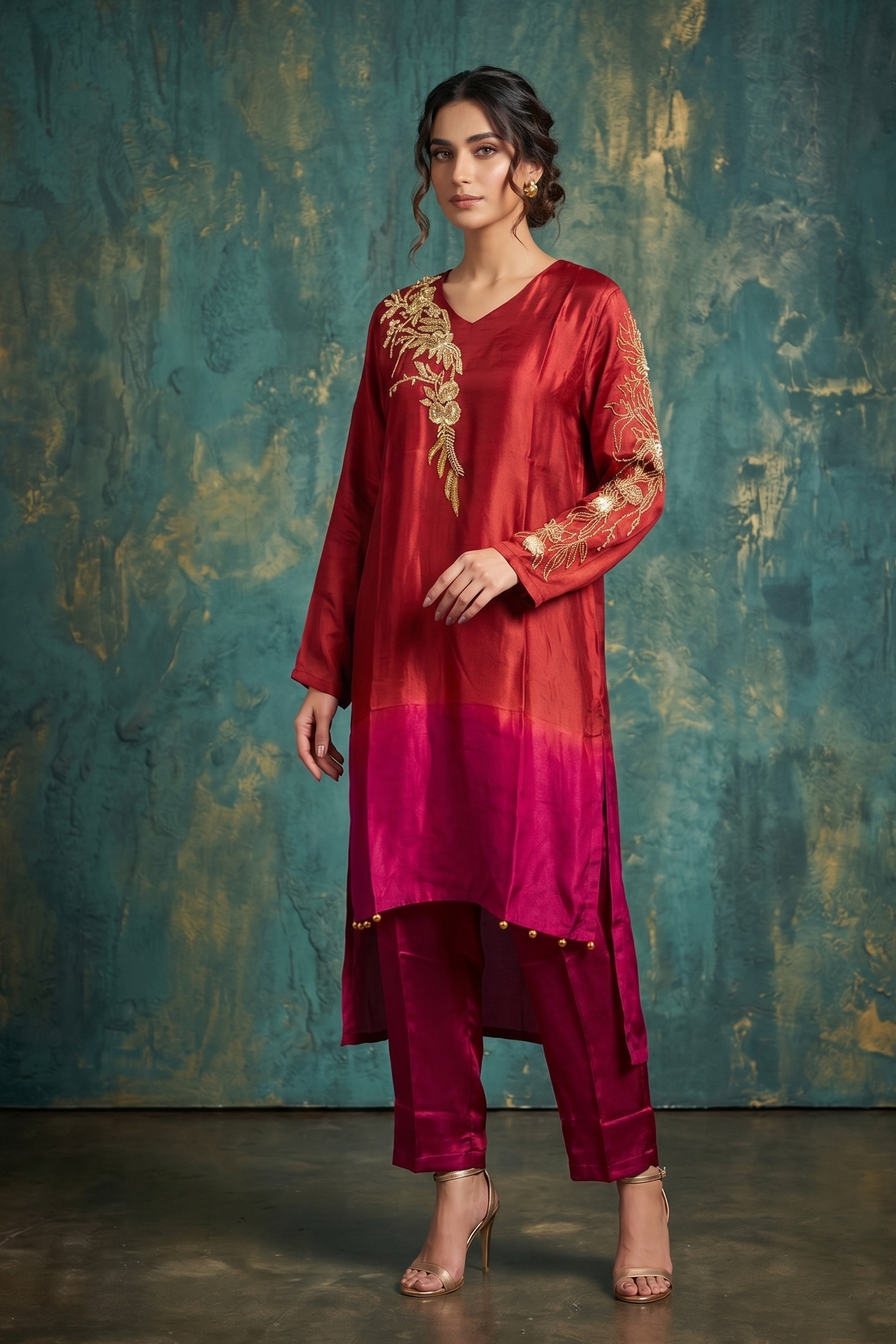 Vibrant Red & Pink Ombre Premium Silk Kurta Set