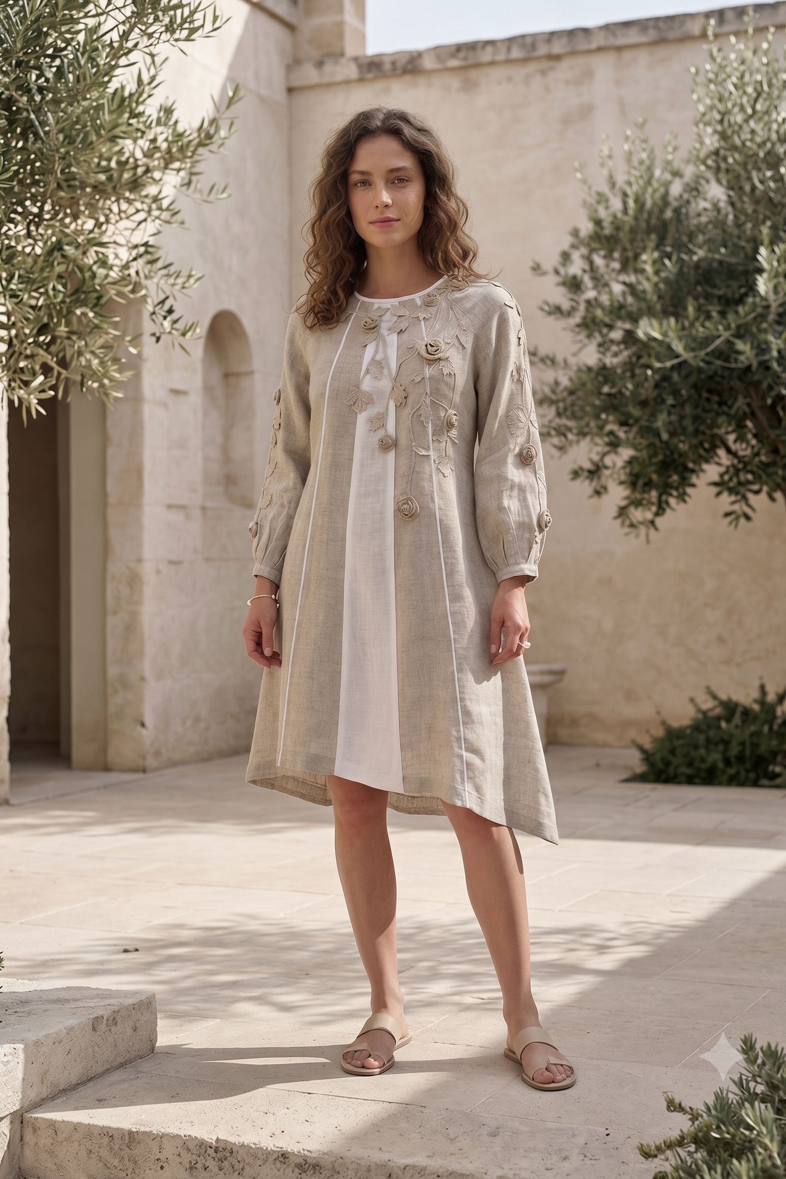 Aurelia Beige Embroidered Linen Dress