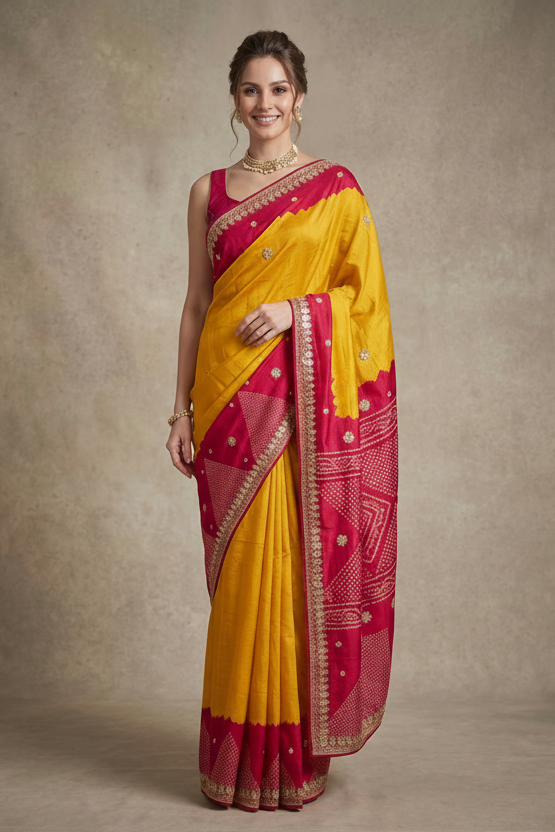 Sunlit Marigold Bandhej Pure Tussar Silk Saree