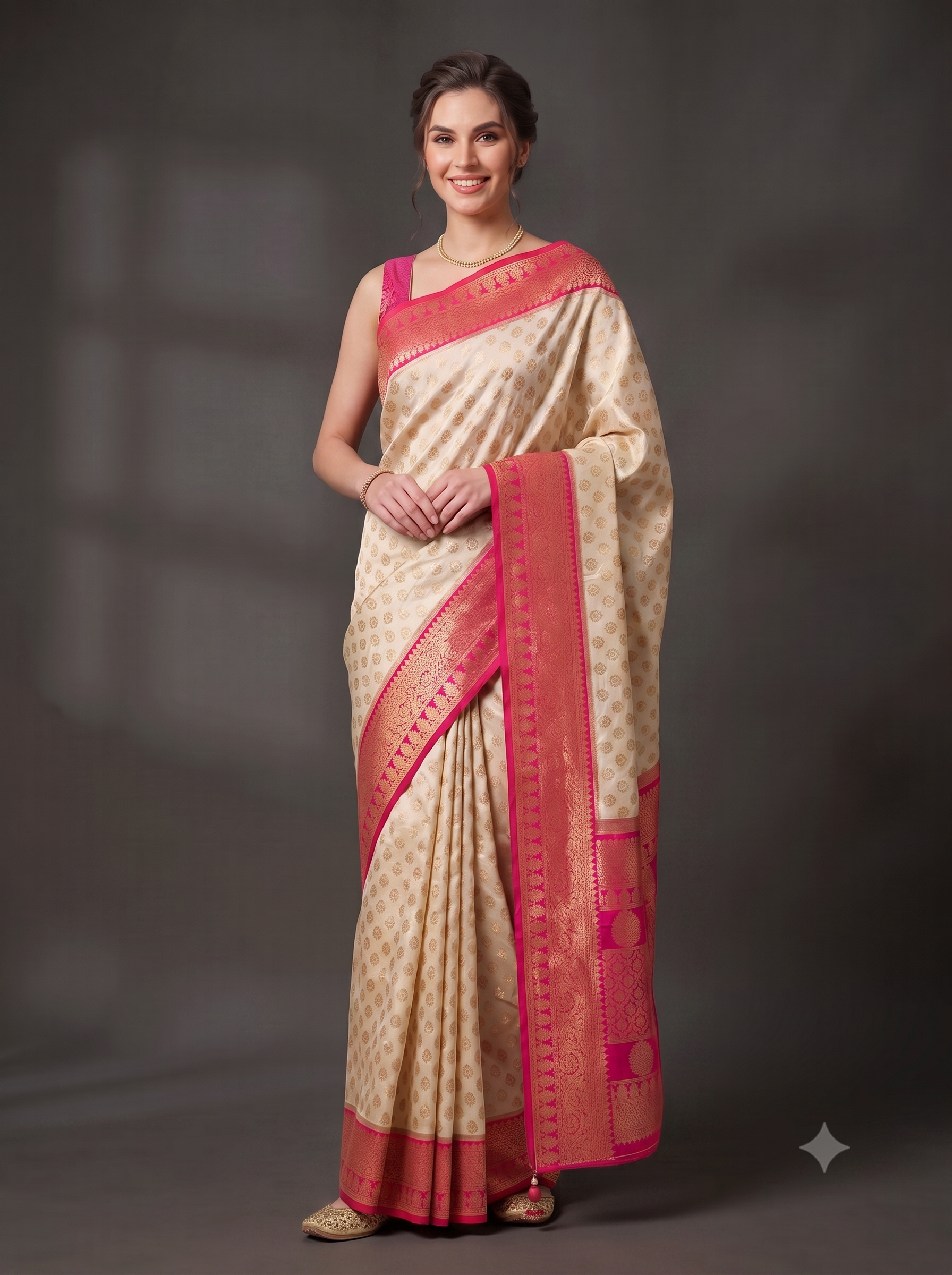 Ivory Pink Banarasi Premium Silk Saree