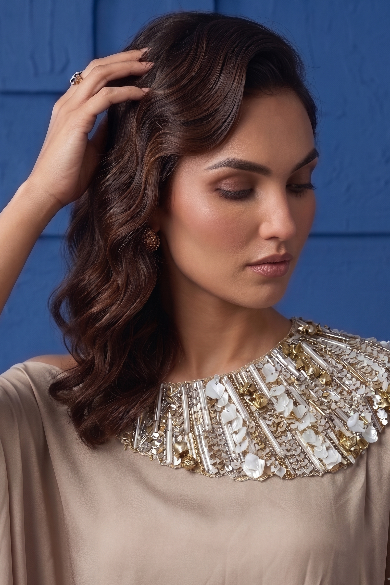 Champagne Beige Embellished Georgette Silk Skirt Set