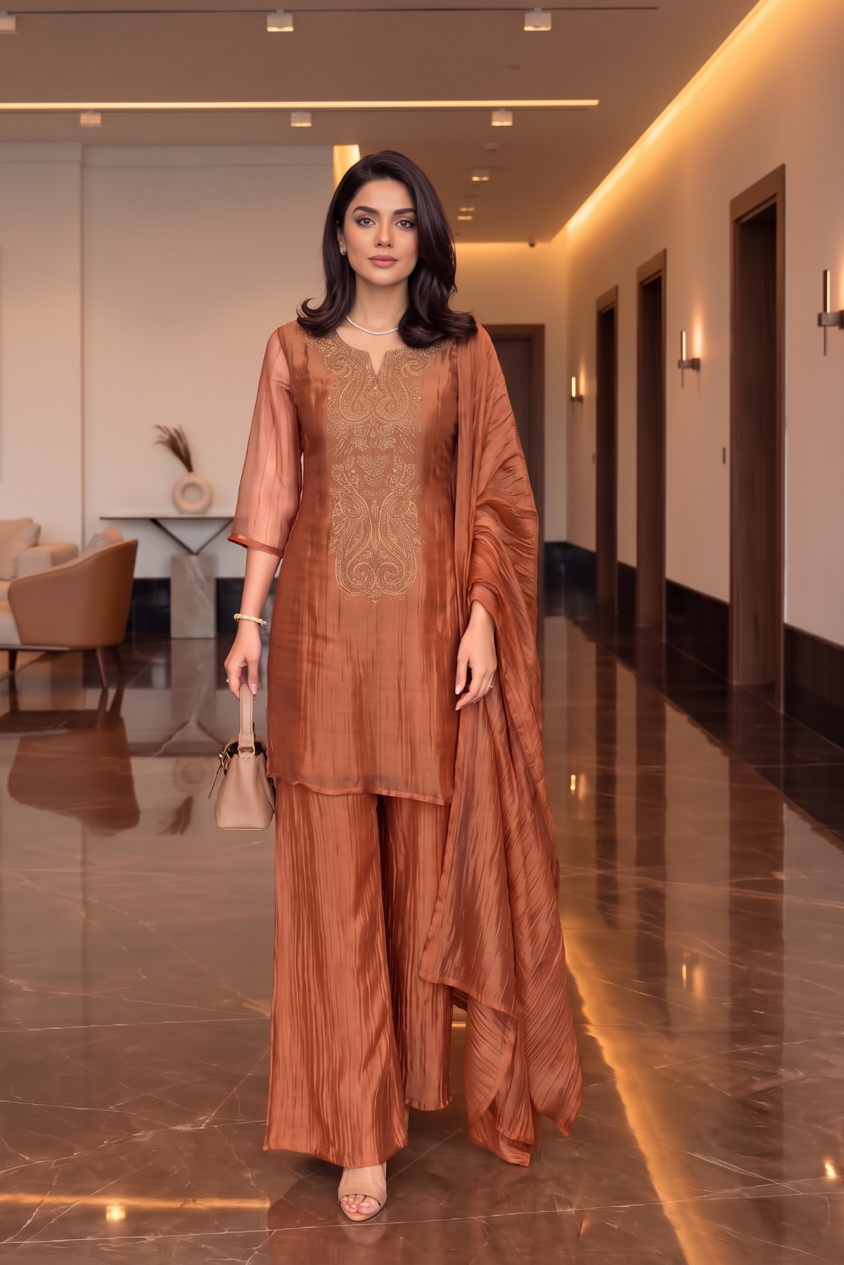 Peach Gold Embellished Tissue Silk Palazzo Set