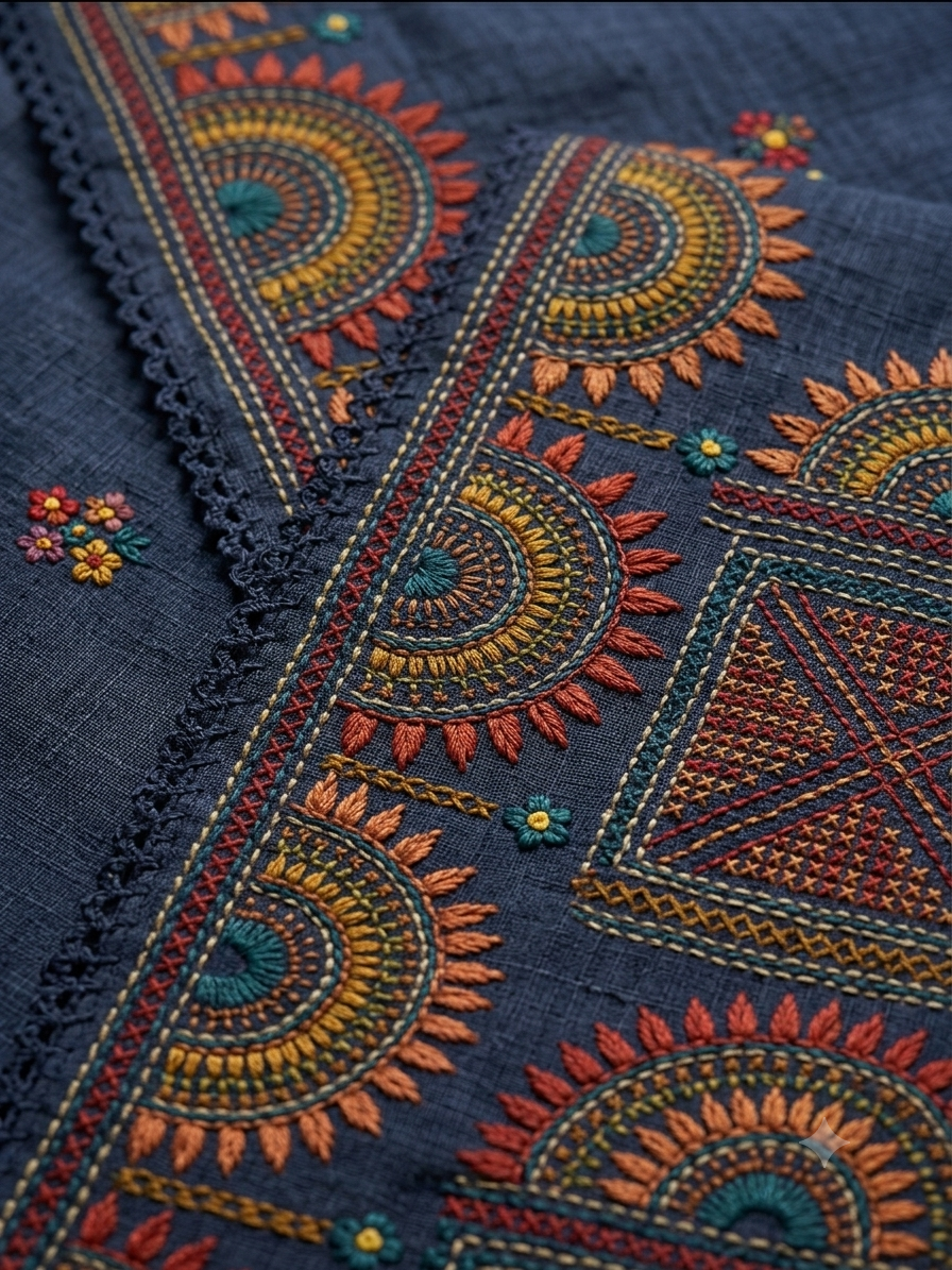 Navy Blue Embroidered Pure Tussar Silk Saree