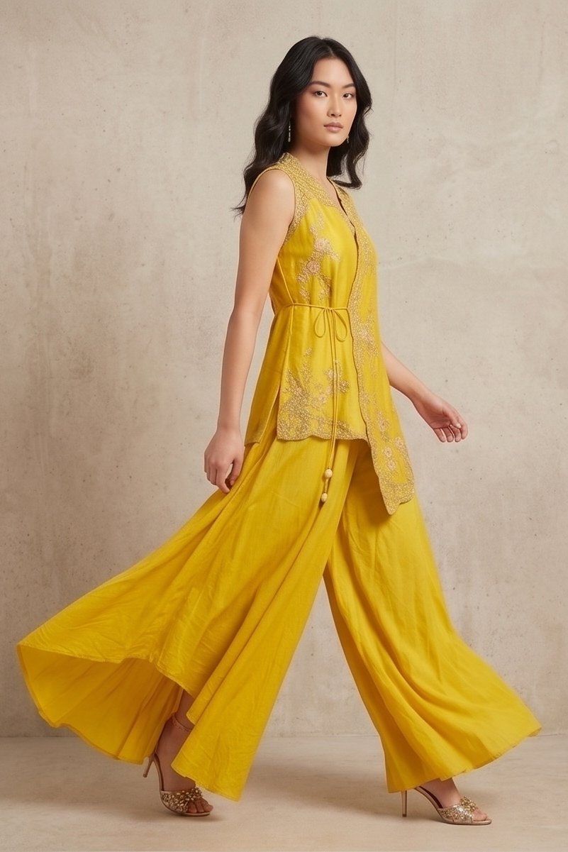 Vibrant Yellow Embellished Crepe Silk Palazzo Set