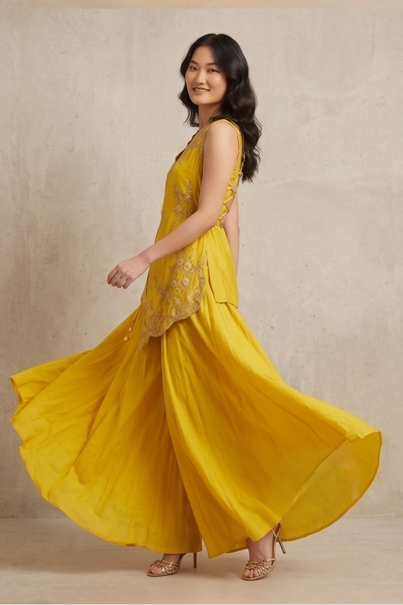 Vibrant Yellow Embellished Crepe Silk Palazzo Set