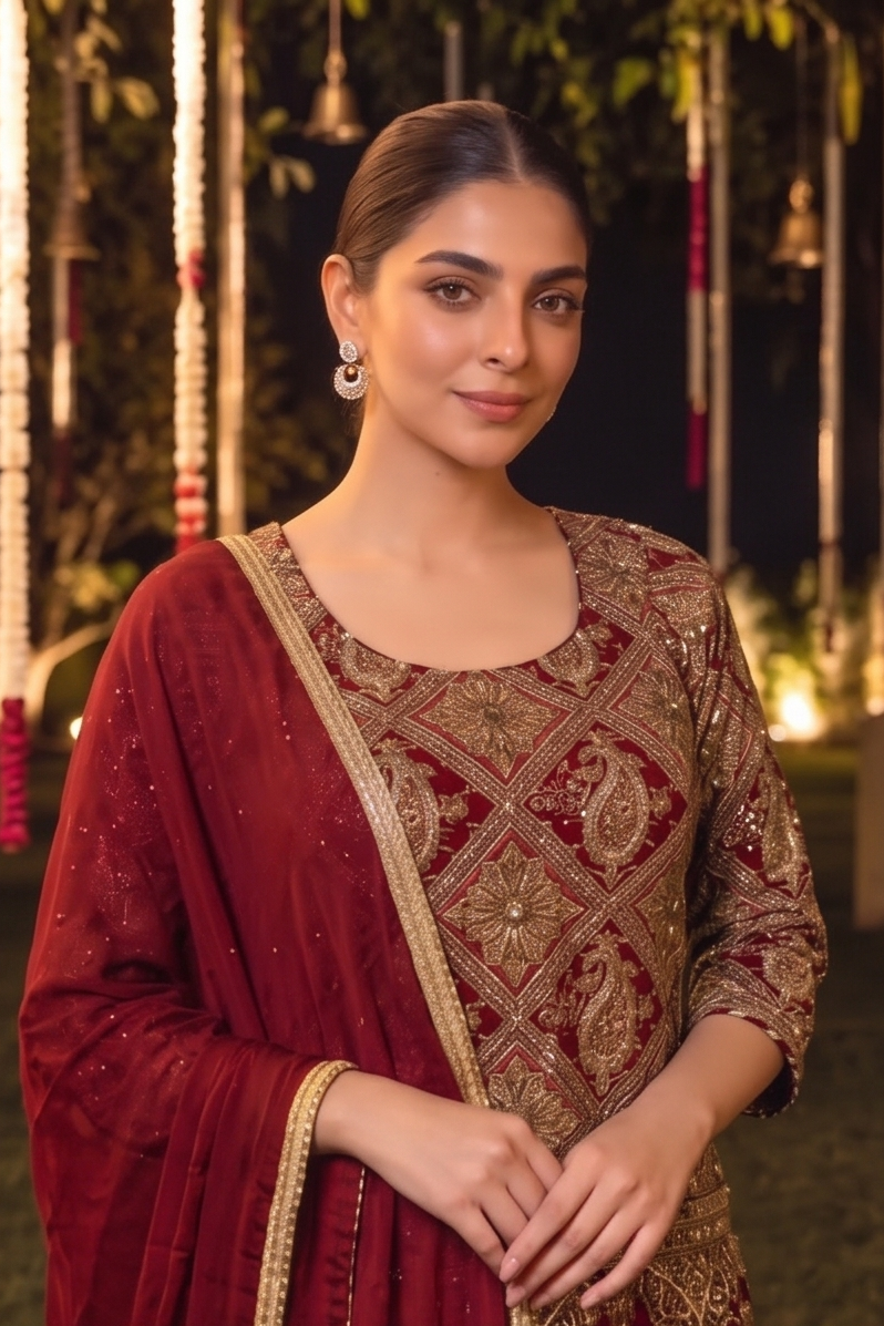 Royal Red Embellished Crepe Silk Sharara Set