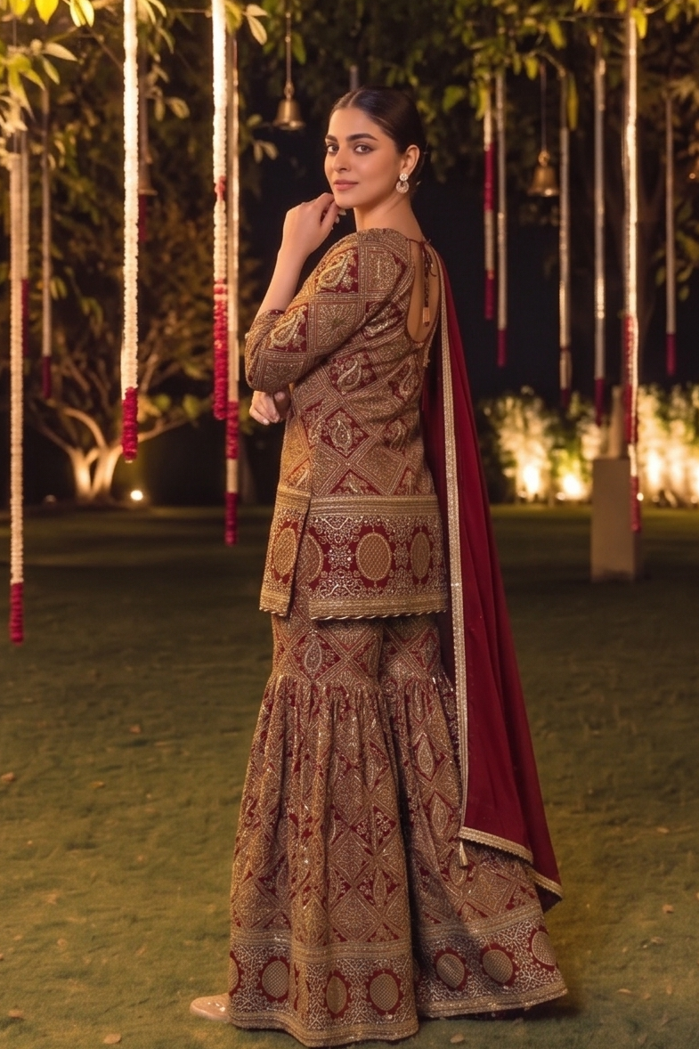 Royal Red Embellished Crepe Silk Sharara Set